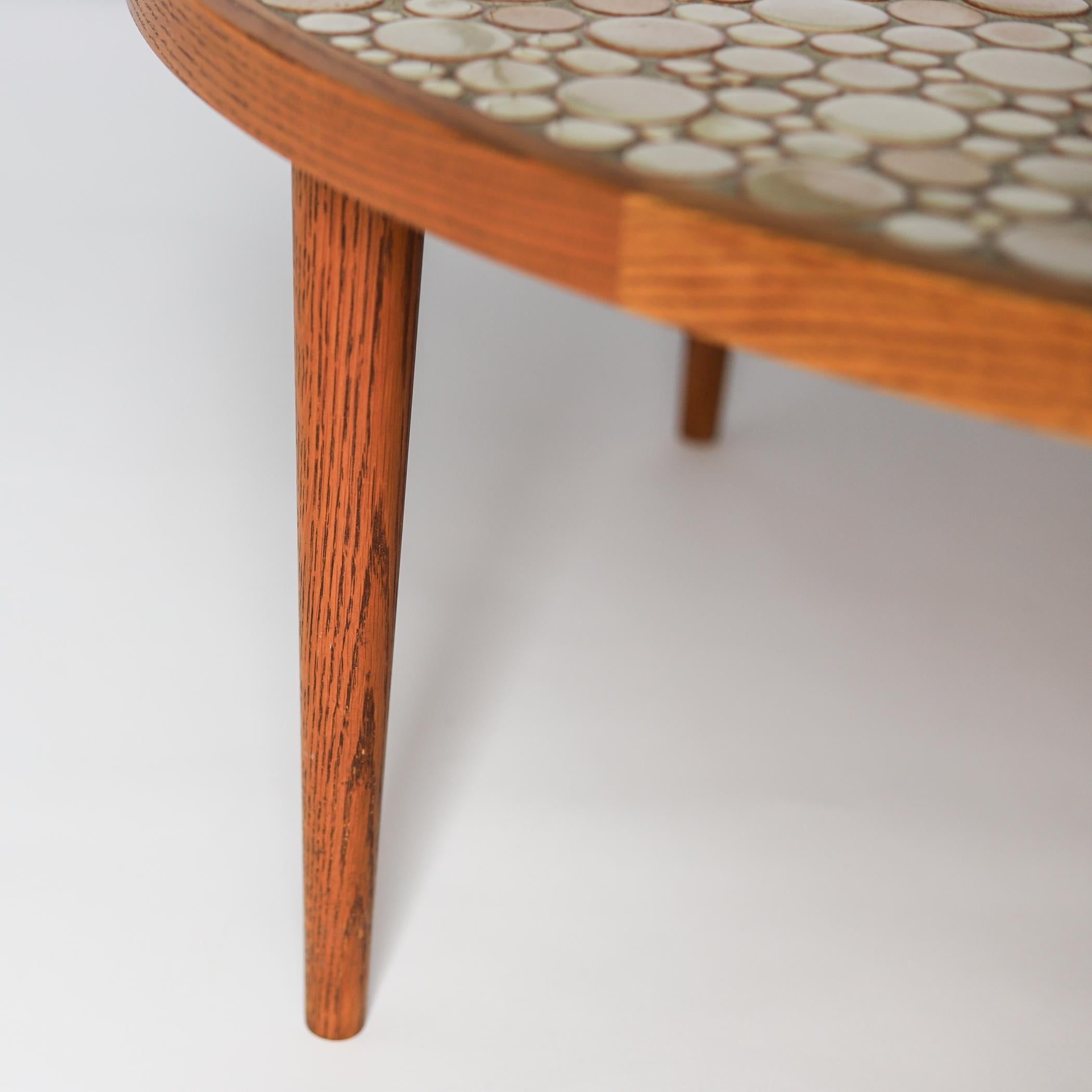 Mid-20th Century Martz Ceramic Tile Top Oak Coffee Table, Tan Circles, Marshall Studios For Sale