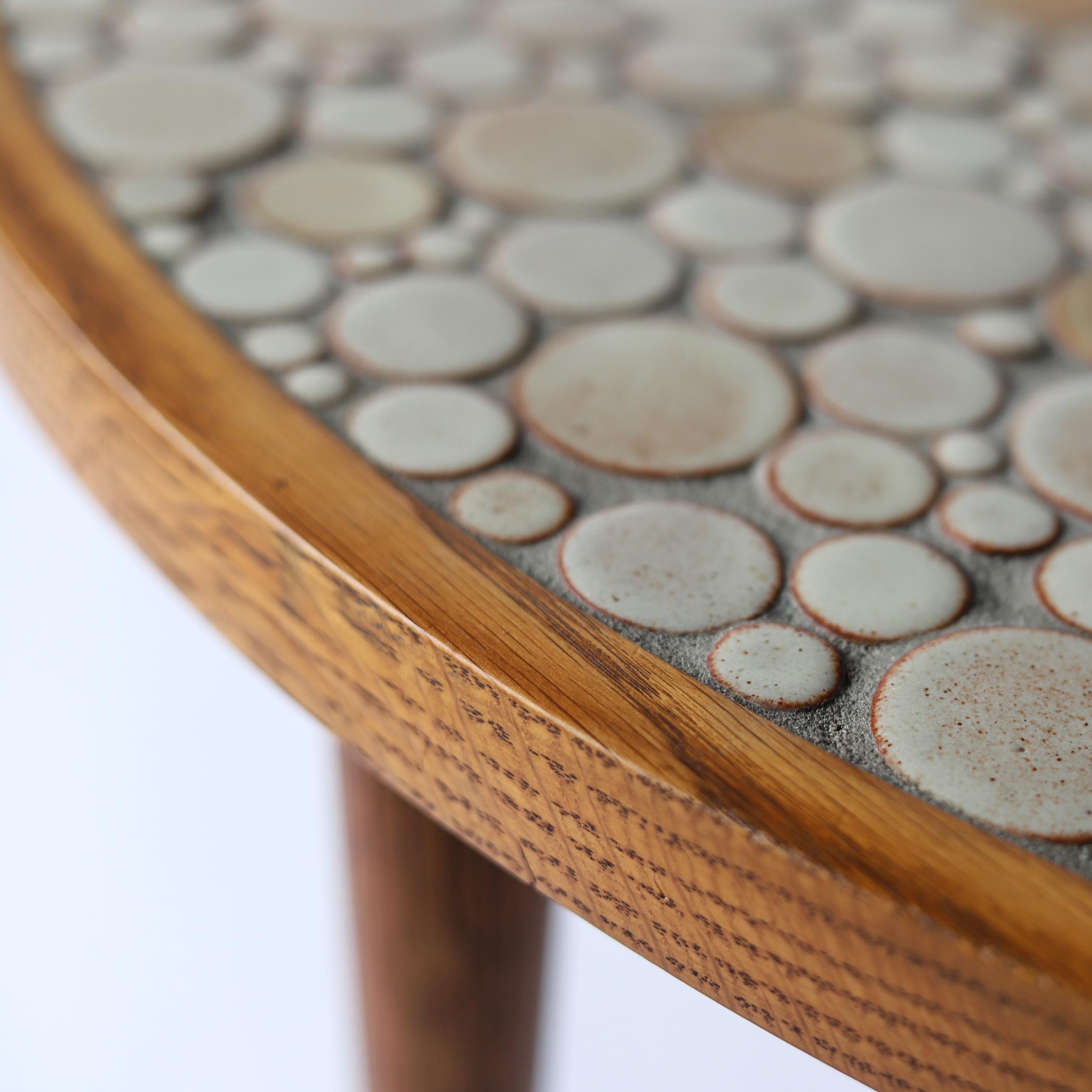 Martz Ceramic Tile Top Oak Coffee Table, Tan Circles, Marshall Studios For Sale 1