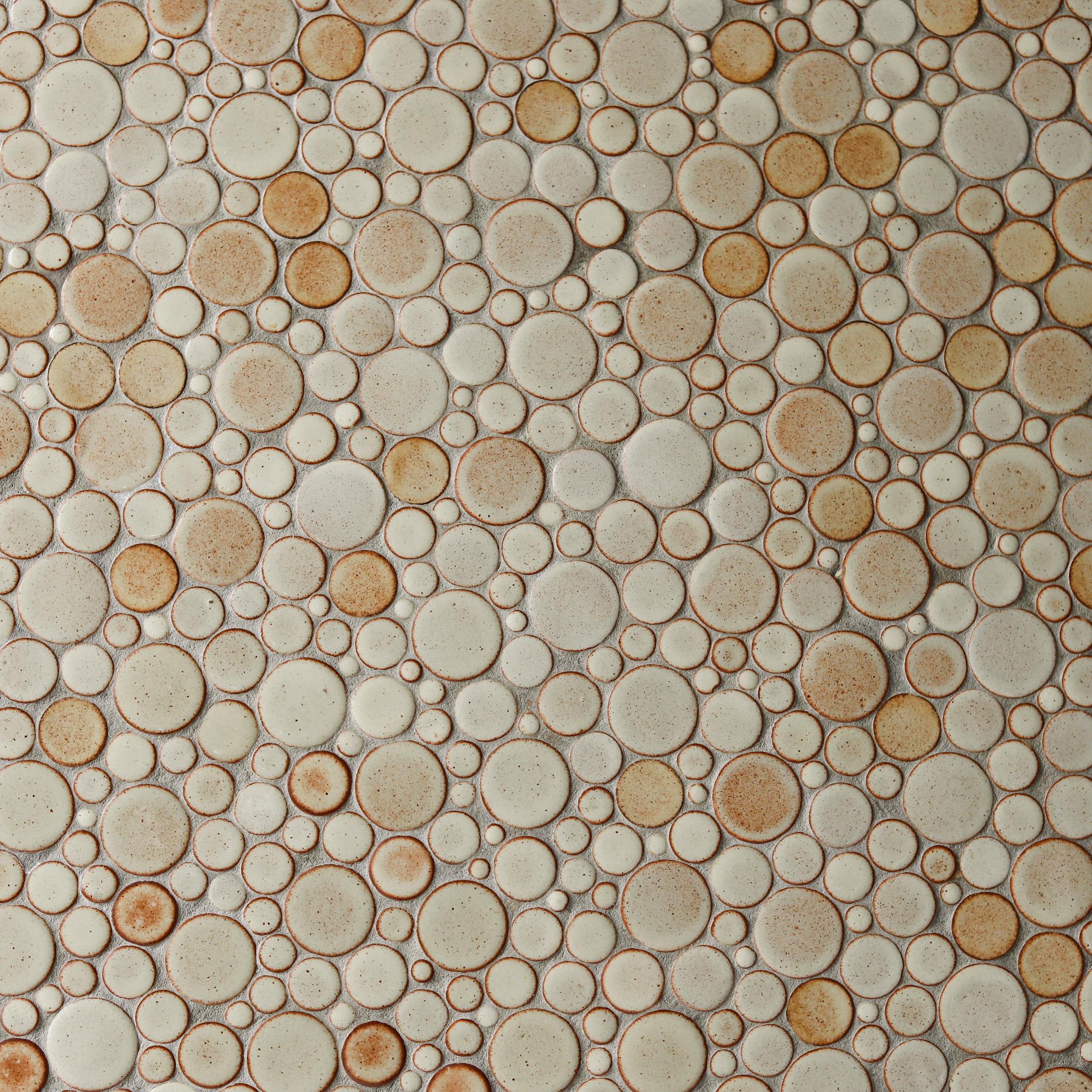 Martz Ceramic Tile Top Oak Coffee Table, Tan Circles, Marshall Studios For Sale 2