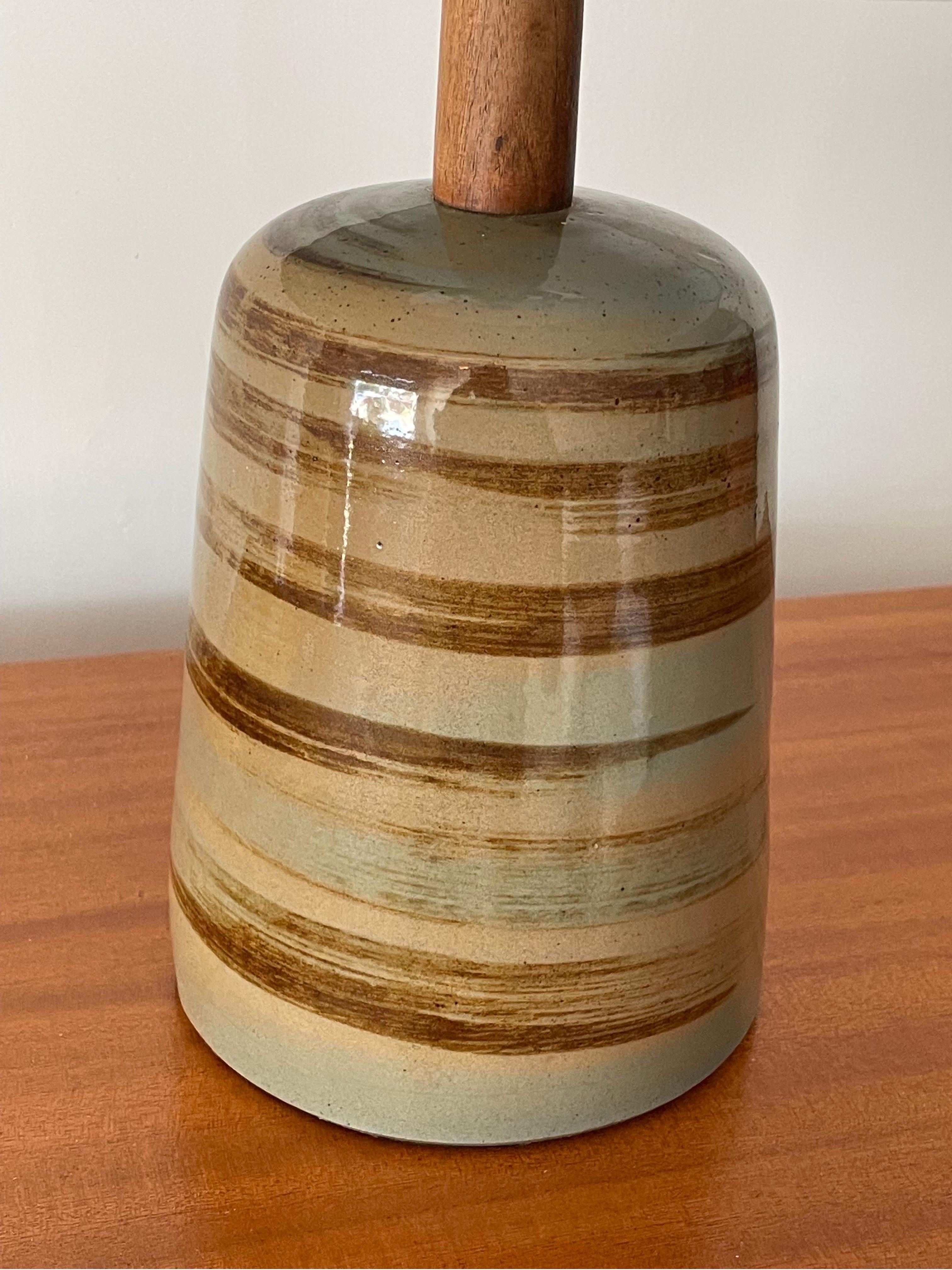 Charming table lamp designed by famed ceramicist duo Jane and Gordon Martz for Marshall Studios. Features a stout body with long walnut neck. 

Overall dimensions:
20” tall
13” wide

Ceramic 
8” tall
6” wide.