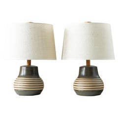 Martz / Marshall Studios Ceramic Pottery Table Lamps—Green Glaze with Stripes