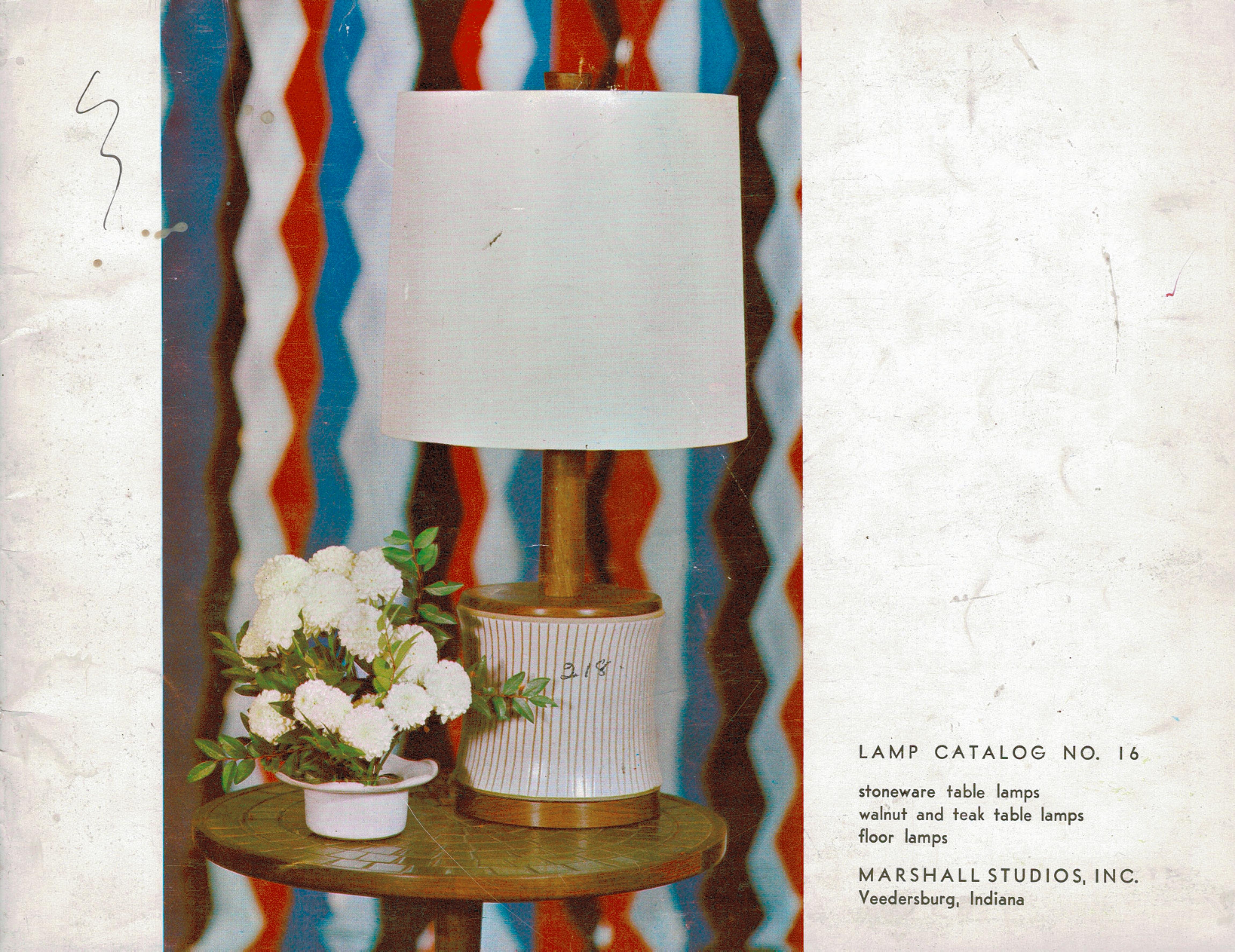 Lampe de table en céramique Martz / Marshall Studios - glaçure blanche avec tourbillons bleus et bruns en vente 3