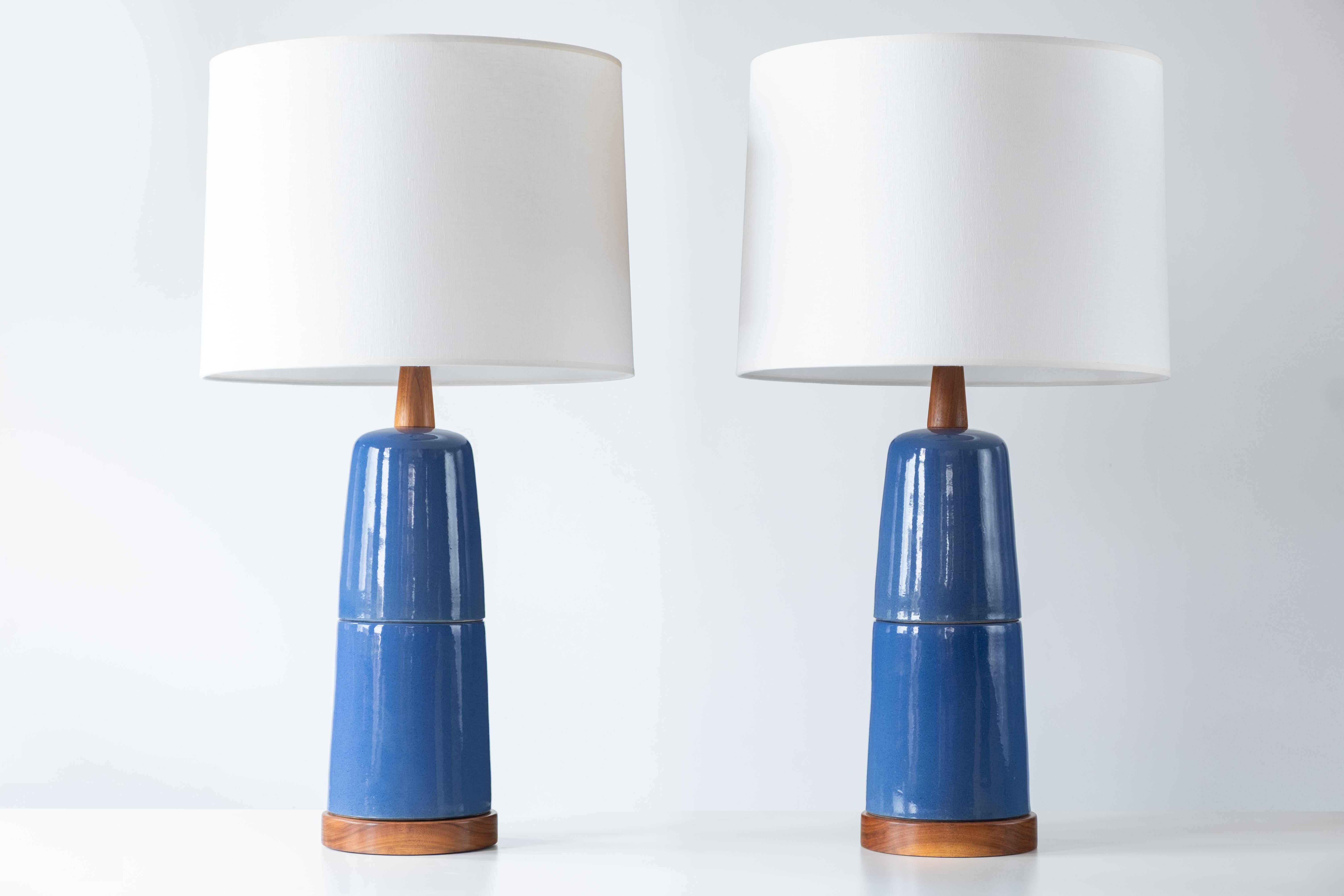 Mid-Century Modern Martz / Marshall Studios Ceramic Table Lamps—Blue Glaze Two Piece Design For Sale
