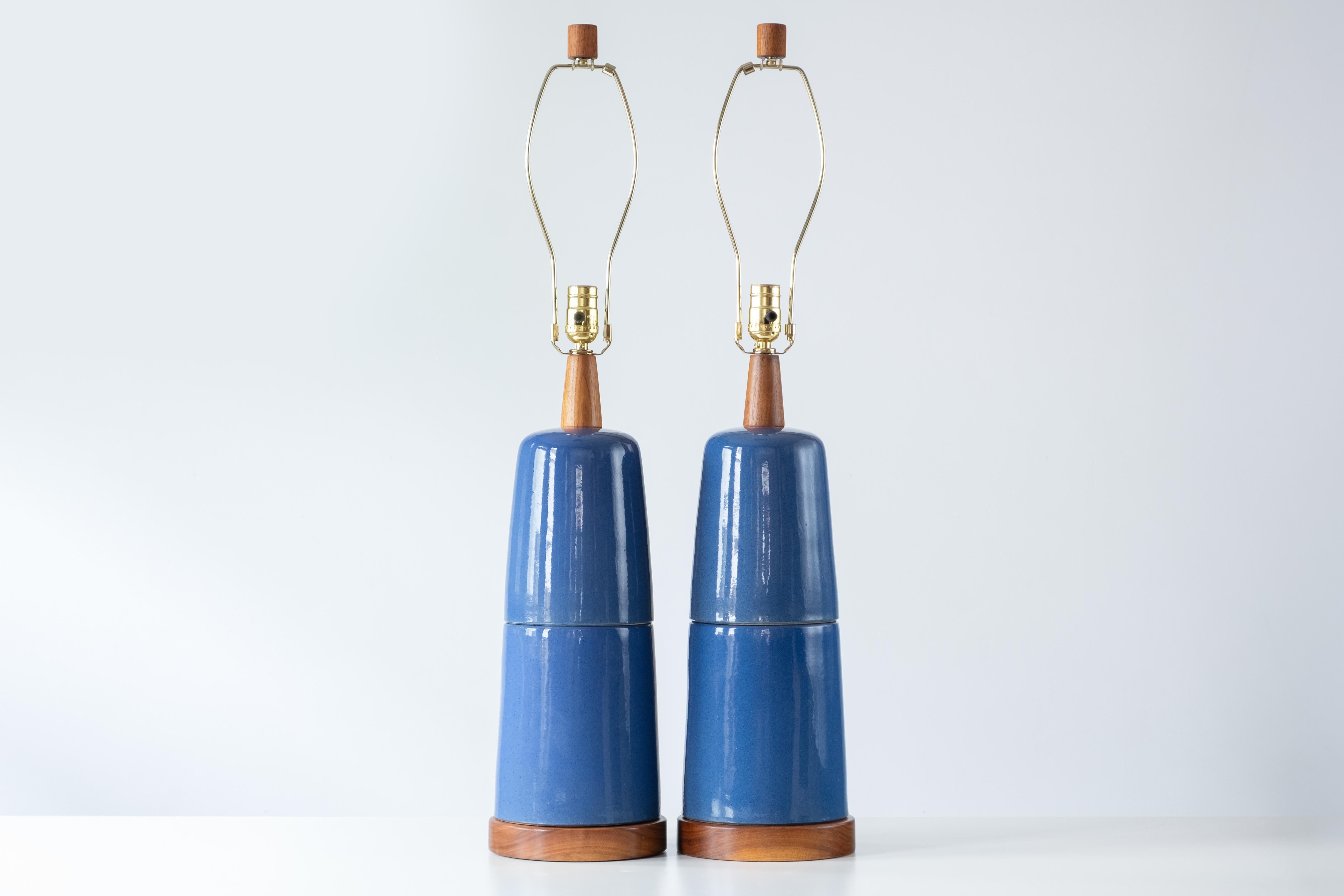 American Martz / Marshall Studios Ceramic Table Lamps—Blue Glaze Two Piece Design For Sale