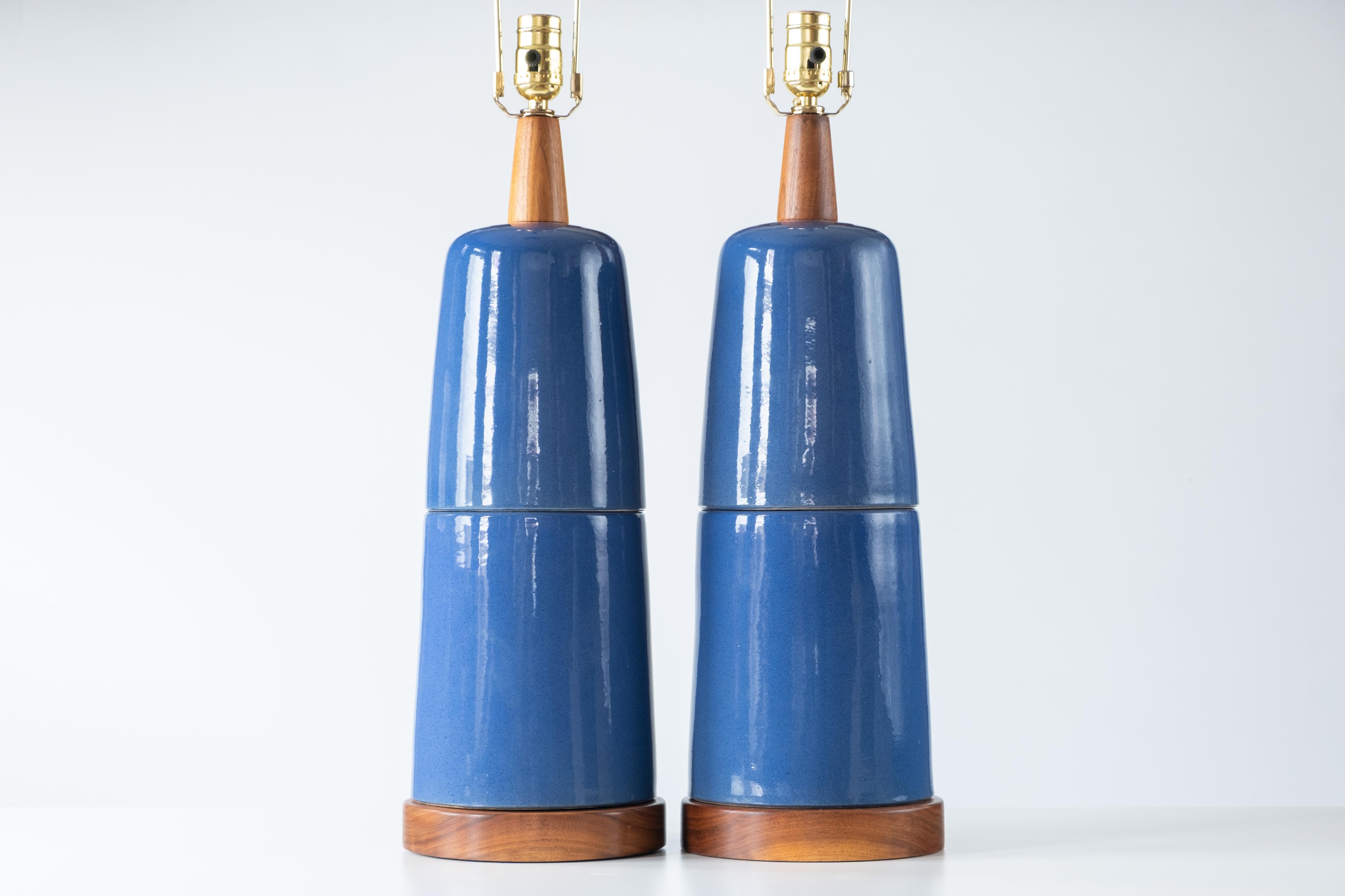 Glazed Martz / Marshall Studios Ceramic Table Lamps—Blue Glaze Two Piece Design For Sale
