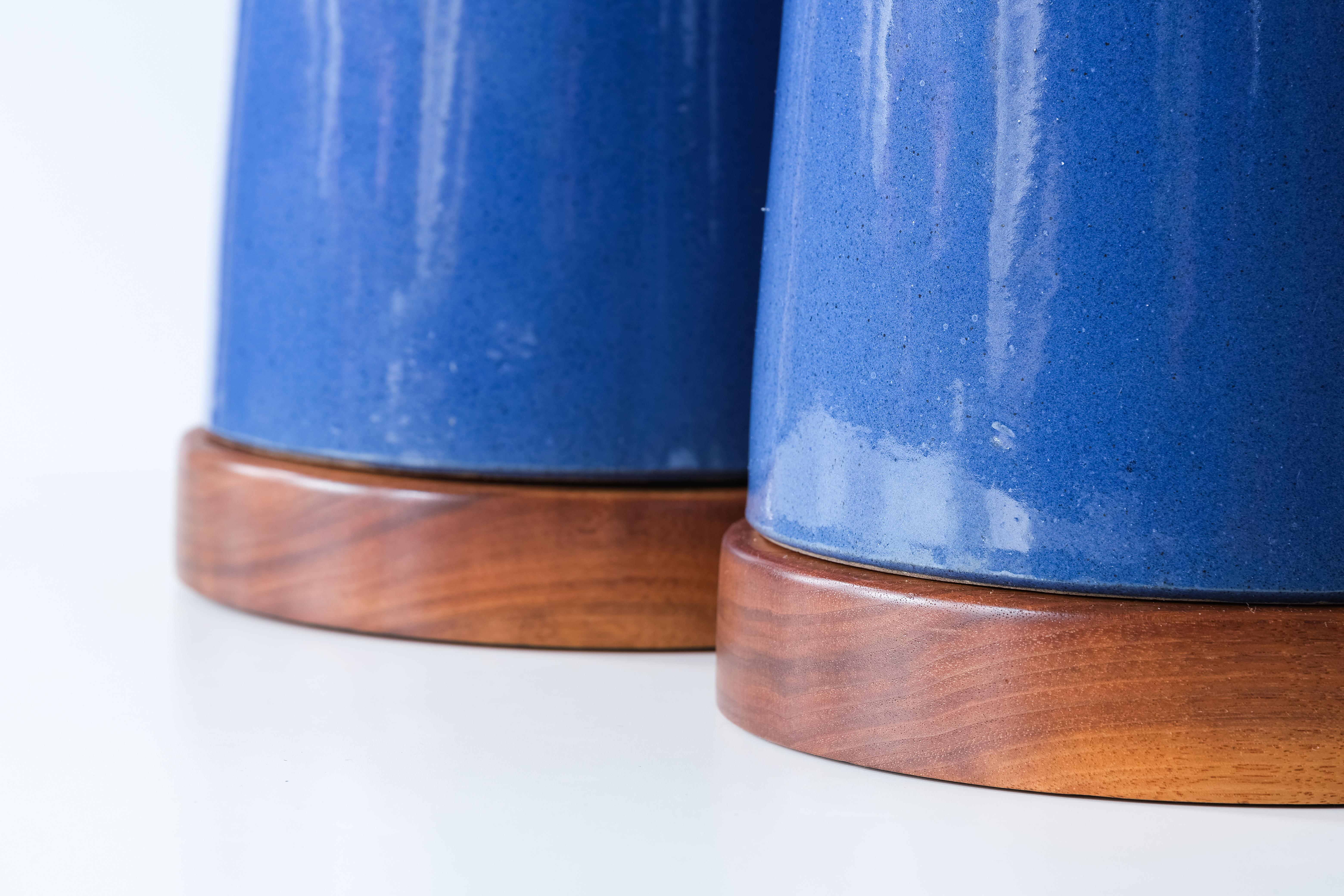 Brass Martz / Marshall Studios Ceramic Table Lamps—Blue Glaze Two Piece Design For Sale