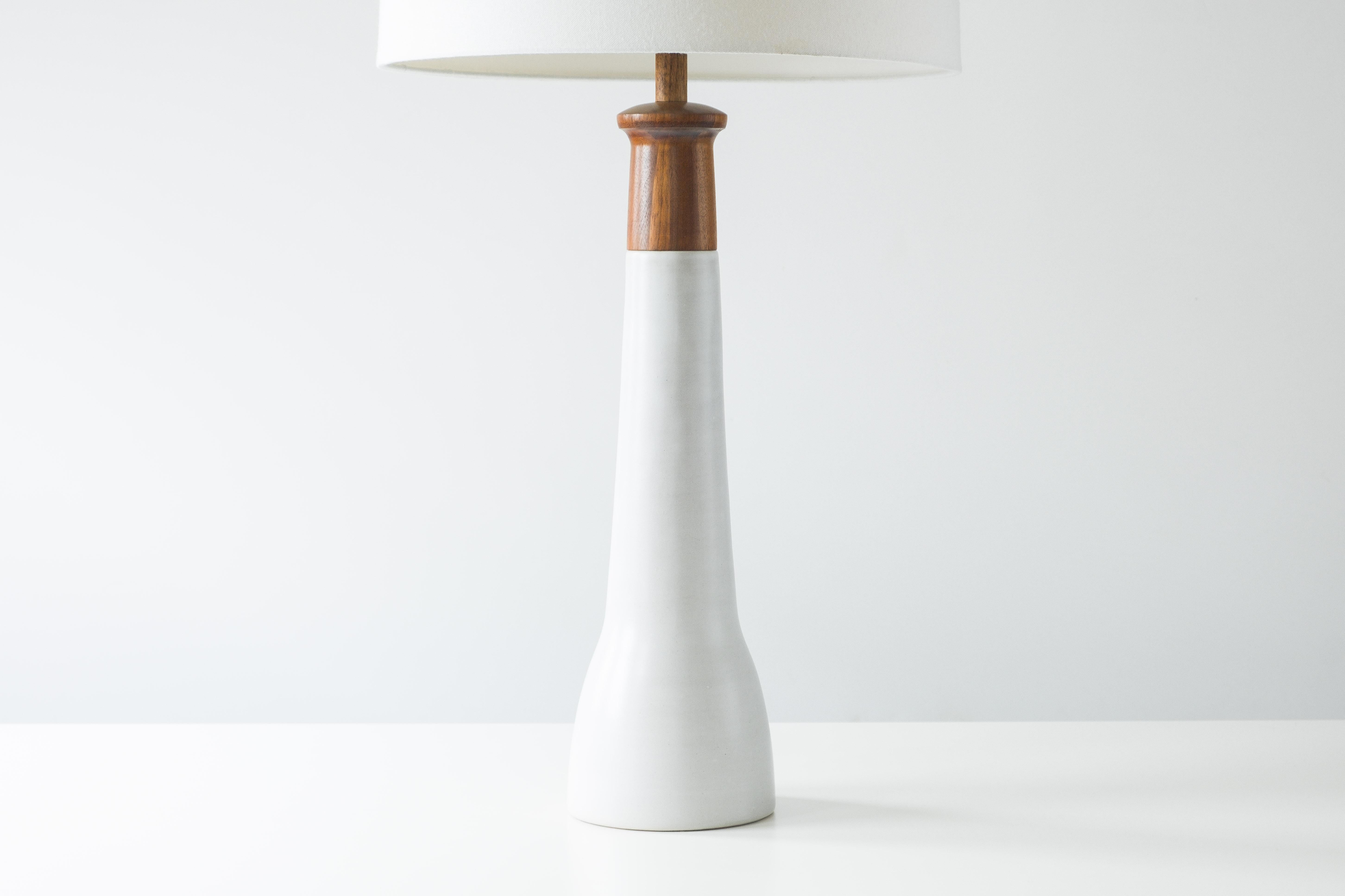 American Martz / Marshall Studios Tall Ceramic Lamp, White Glaze with Walnut Accents