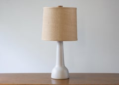 Martz / Marshall Studios White Mid Century Ceramic Table Lamp with Burlap Shade