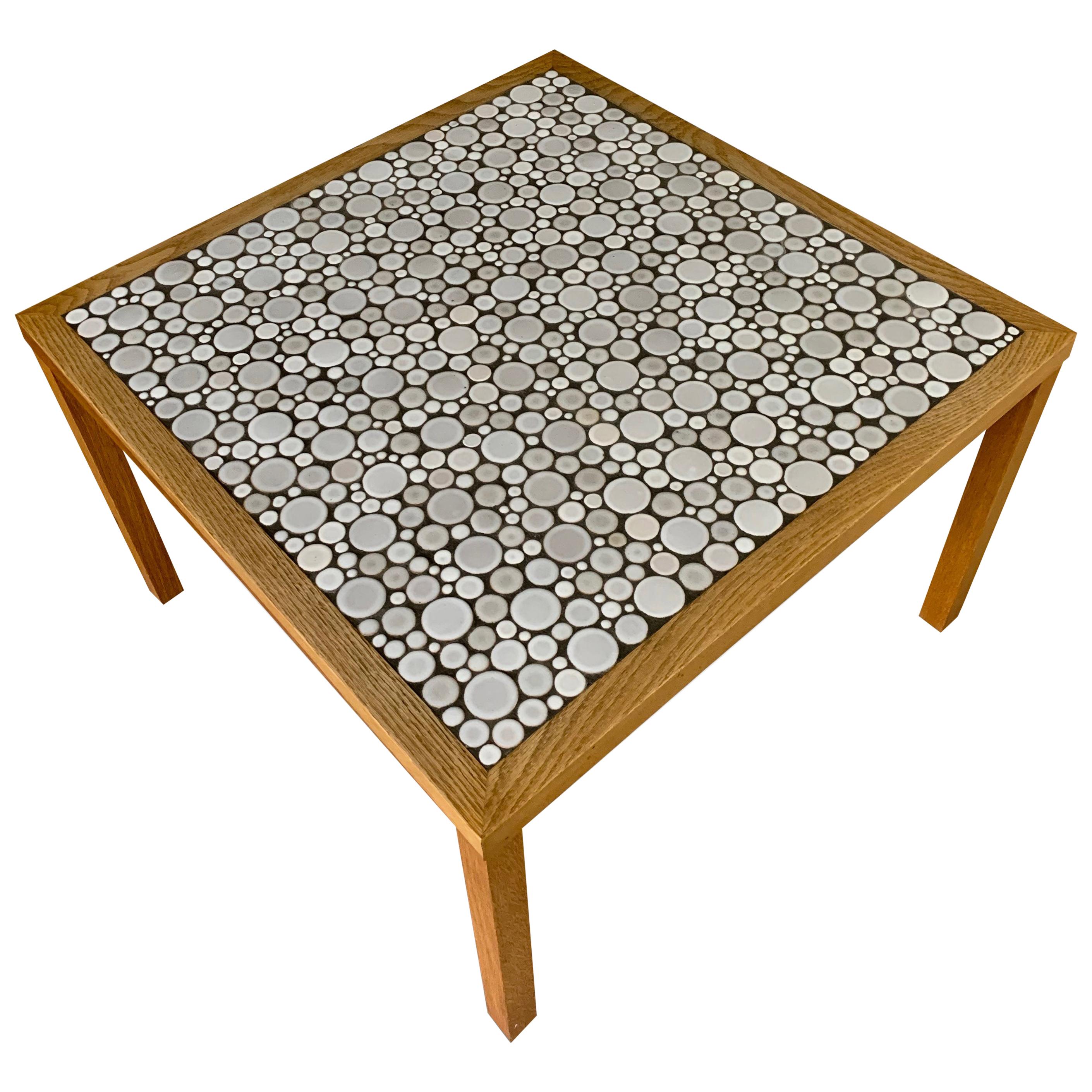 Martz Square Coffee Table in White Ceramic Circular Tiles Set in Charcoal Grout For Sale