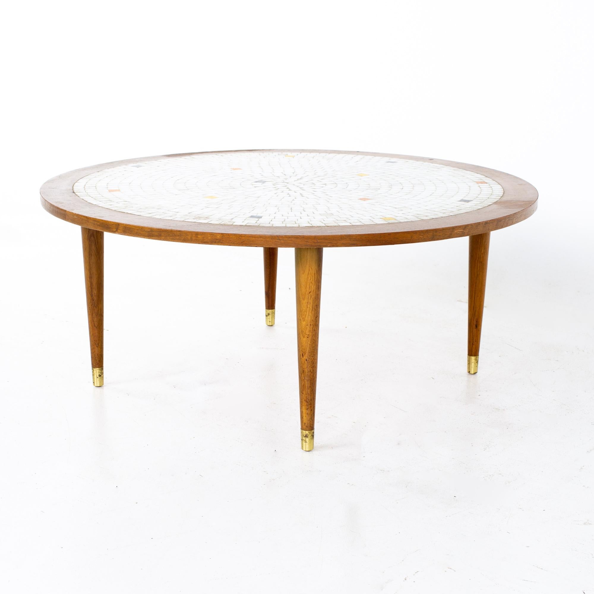 Martz style mid century round walnut mosaic coffee table
Coffee table measures: 36 wide x 36 deep x 15 inches high

All pieces of furniture can be had in what we call restored vintage condition. That means the piece is restored upon purchase so
