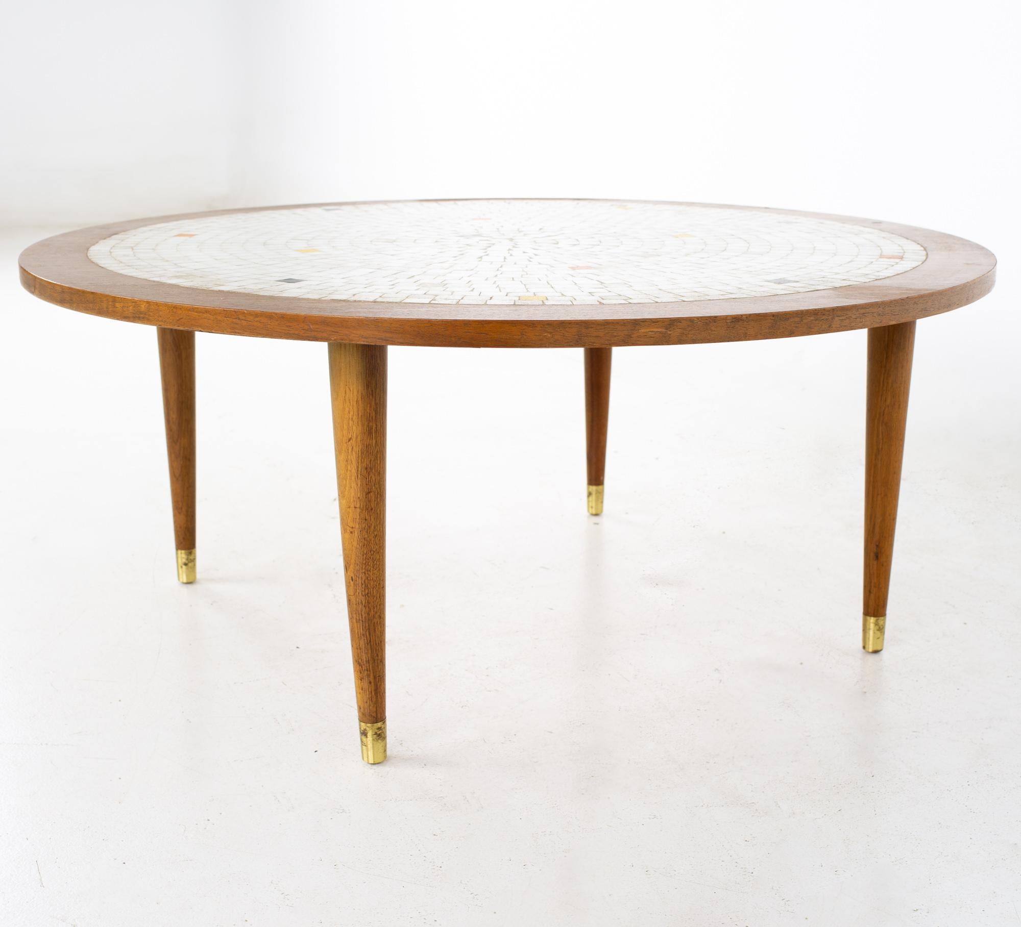 American Martz Style Mid Century Round Walnut Mosaic Coffee Table