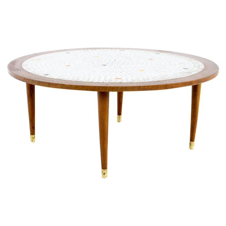 Martz Style Mid Century Round Walnut Mosaic Coffee Table at 1stDibs