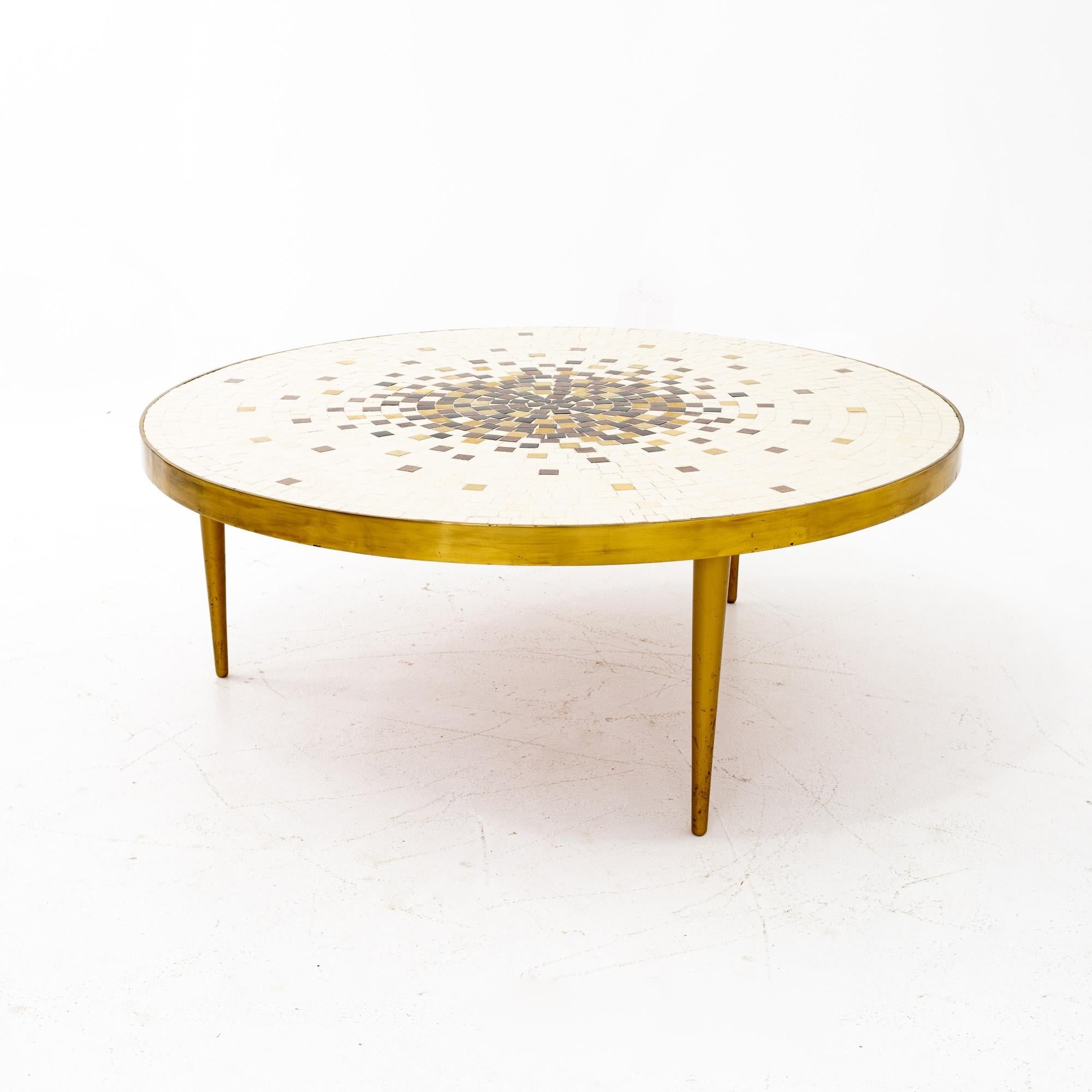 Mid-Century Modern Martz Style Midcentury Round Brass Mosaic Tile Coffee Table