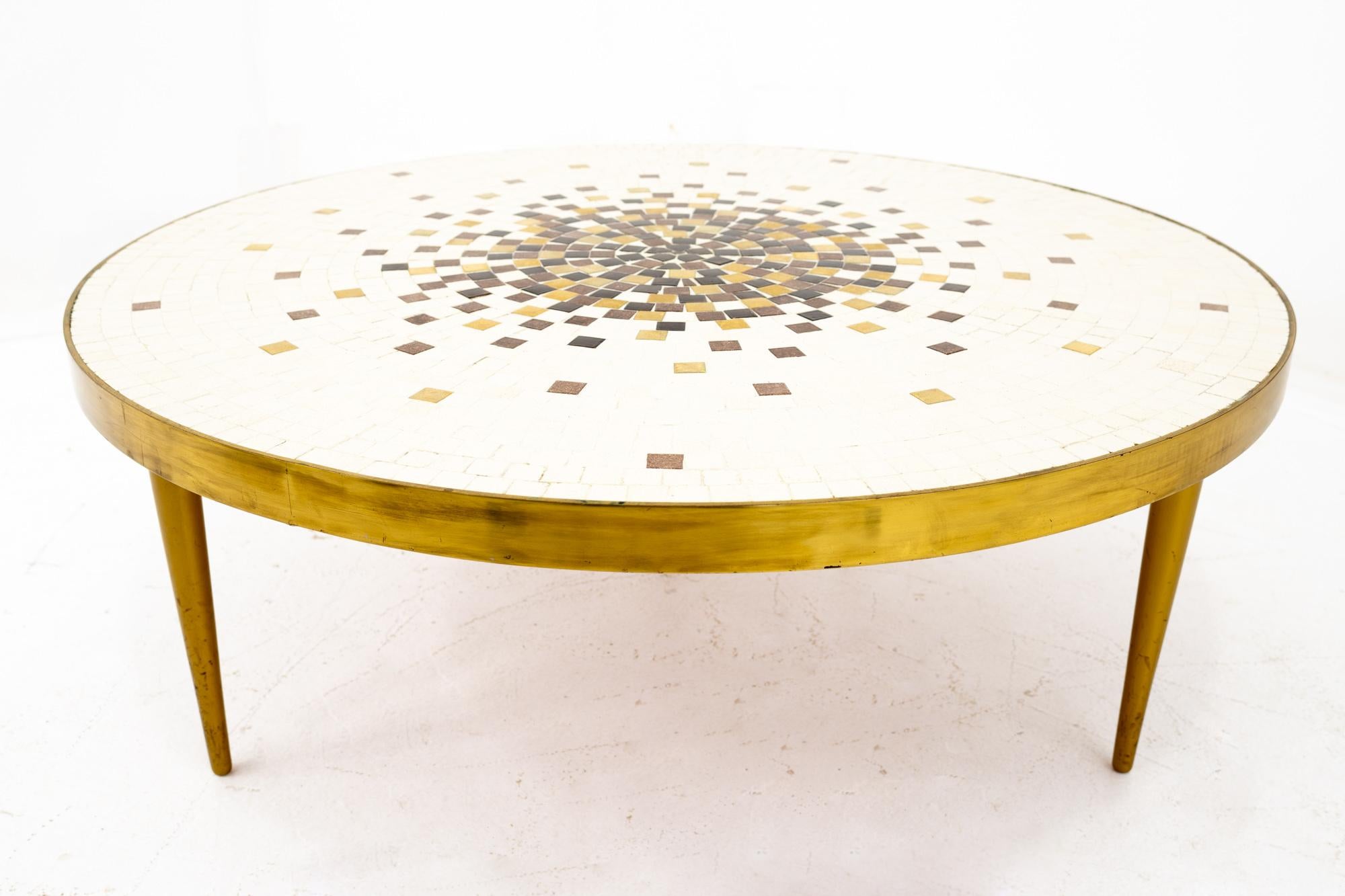 American Martz Style Midcentury Round Brass Mosaic Tile Coffee Table