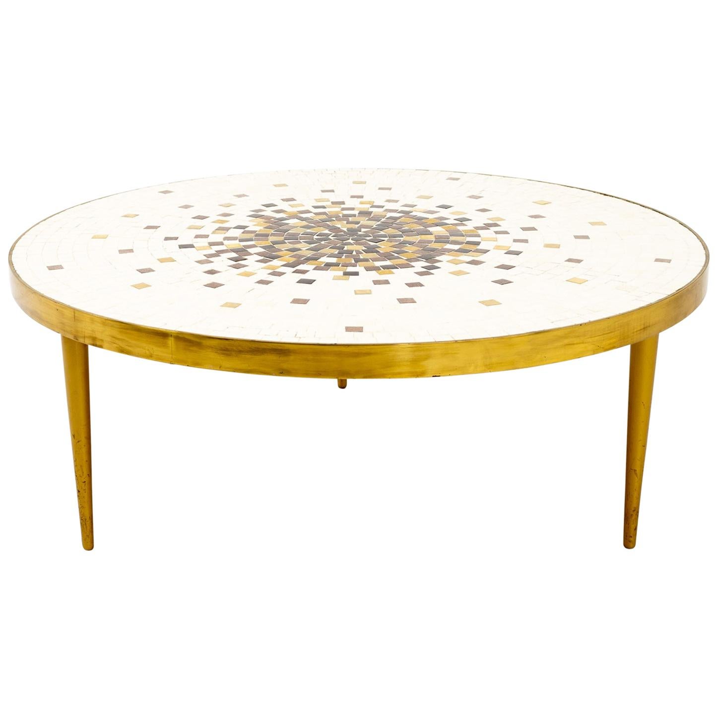 Martz Style Midcentury Round Brass Mosaic Tile Coffee Table