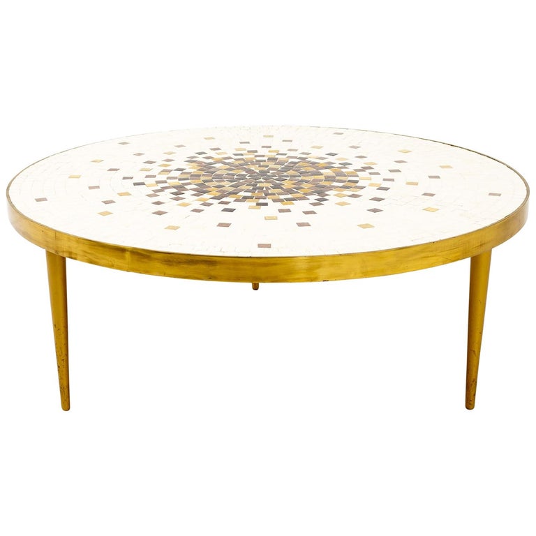 Martz Style Midcentury Round Brass Mosaic Tile Coffee Table at 1stDibs