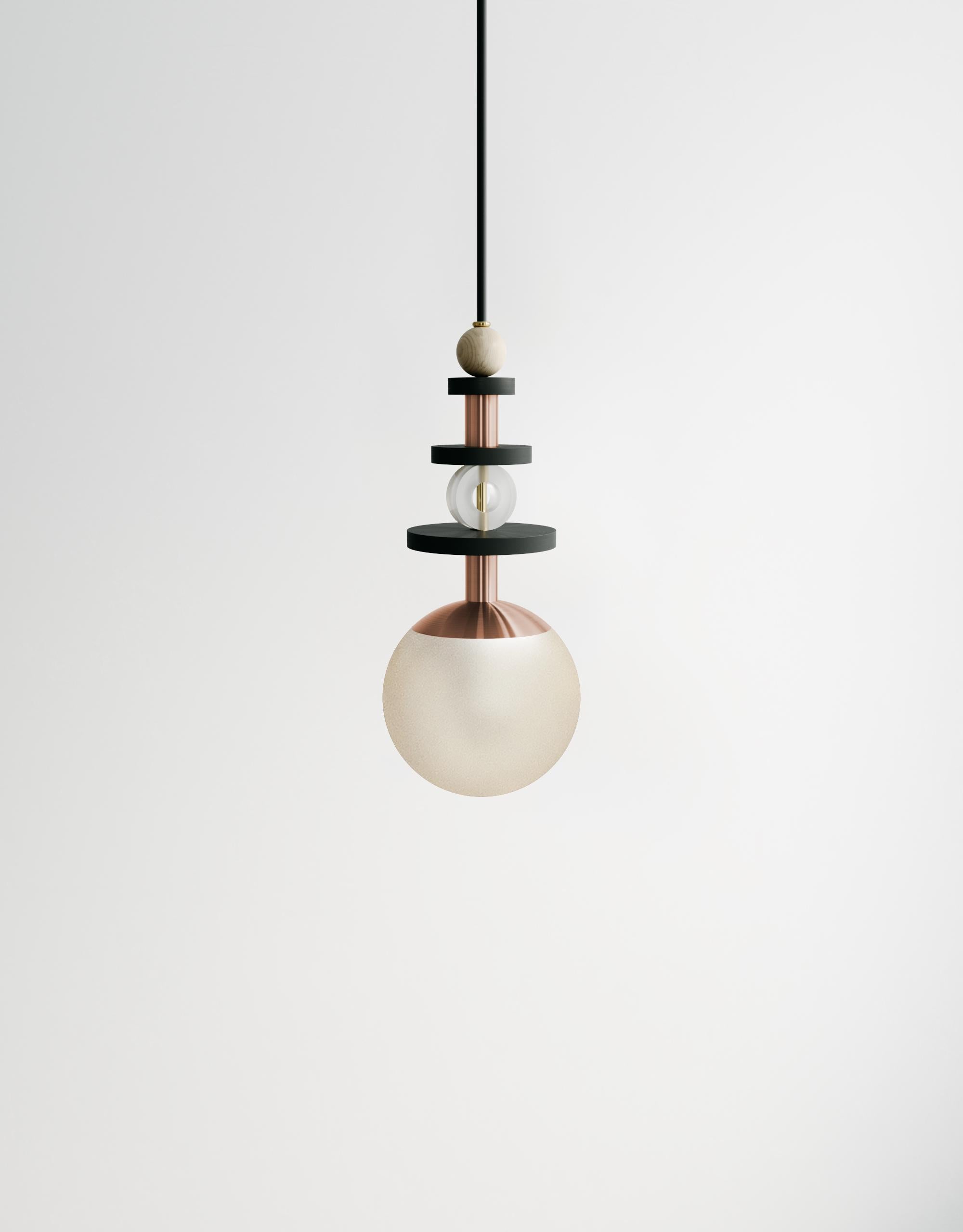 Maru 6” Globe Pendant Light - Tall Bead Stack, Rust Globe, Copper Hardware For Sale 2