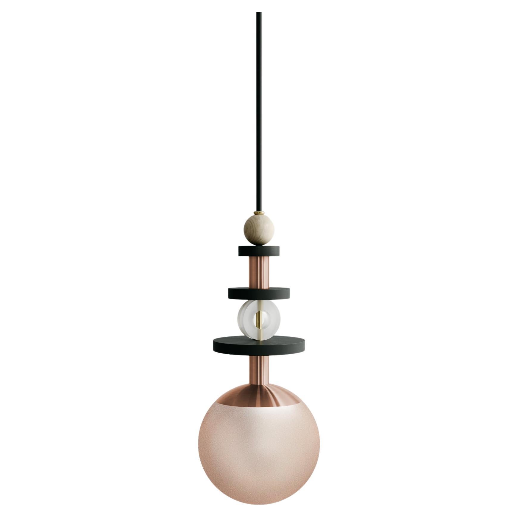 Maru 6” Globe Pendant Light - Tall Bead Stack, Rust Globe, Copper Hardware For Sale