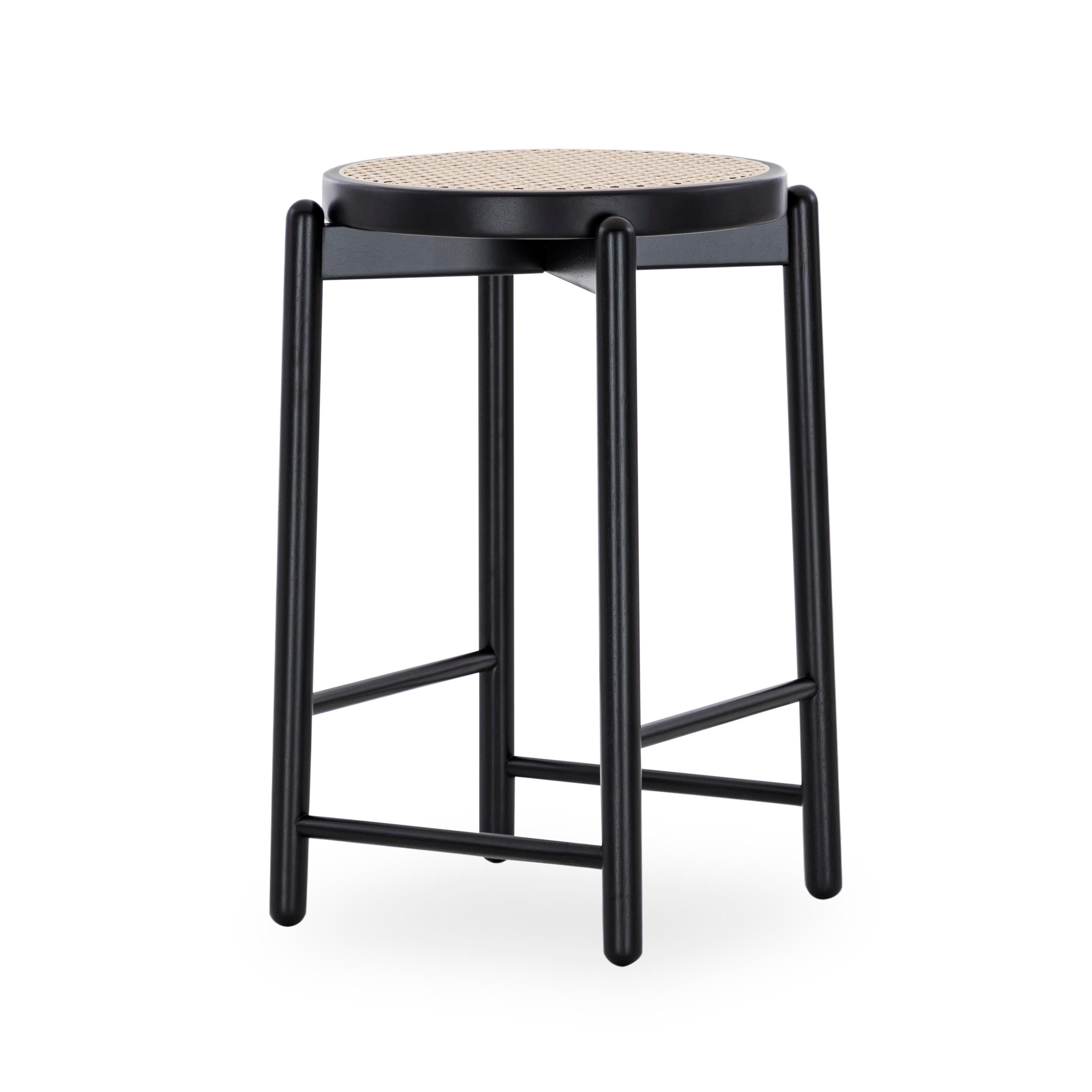 Brazilian Maru Counter Stool in Black Wood Finish Base and Cane Seat For Sale