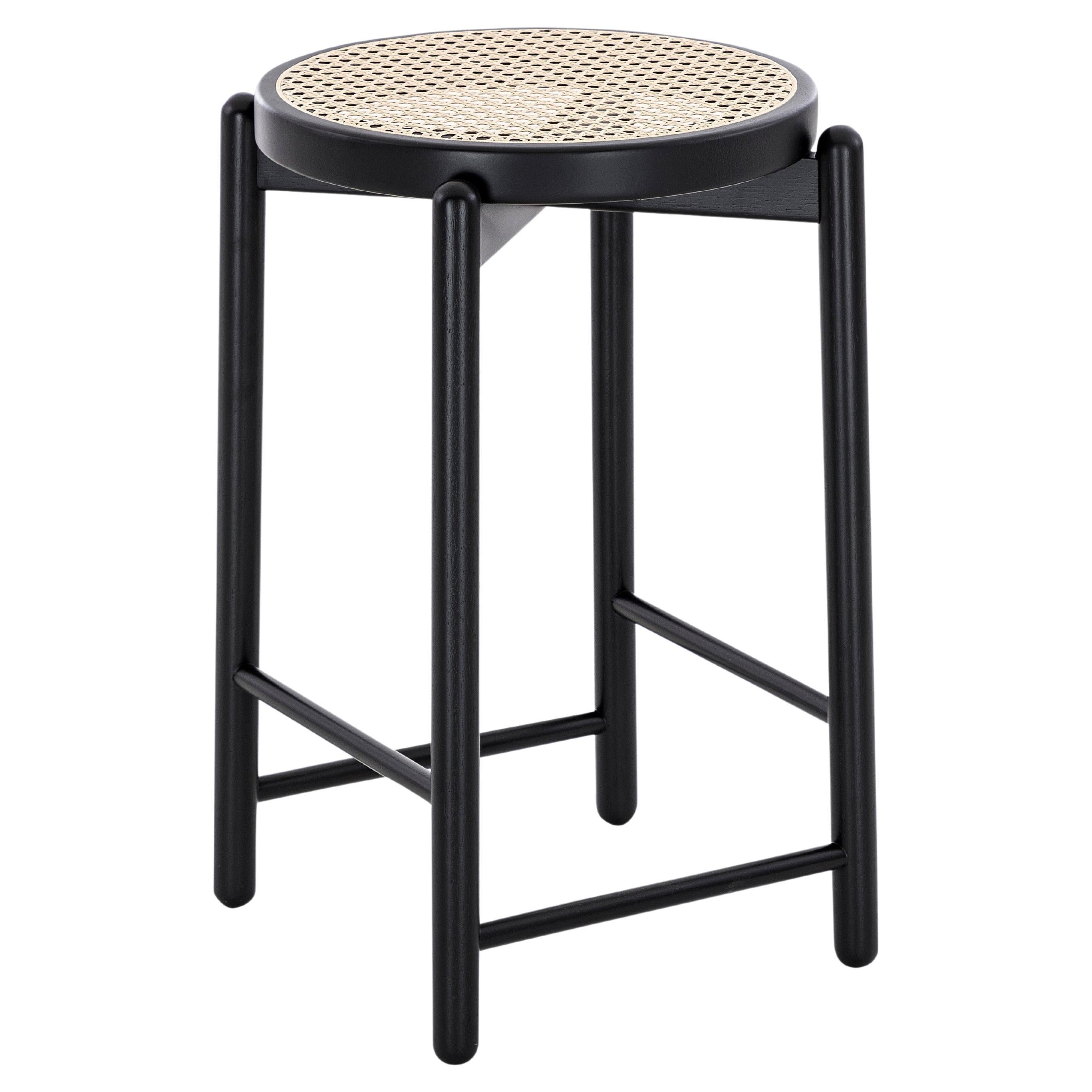 Maru Counter Stool in Black Wood Finish Base and Cane Seat For Sale