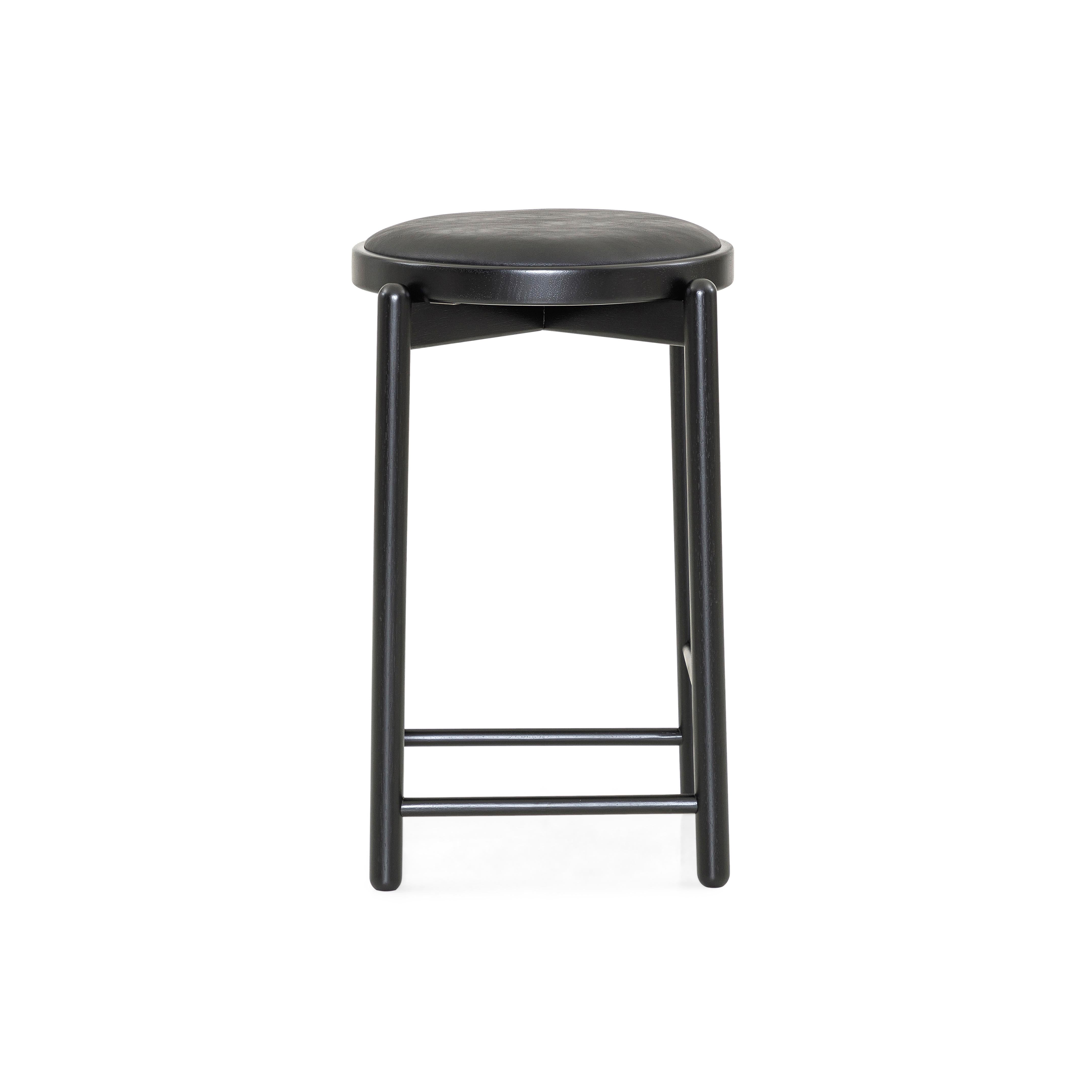 Brazilian Maru Counter Stool in Black Wood Base and Upholstered Black Seat For Sale