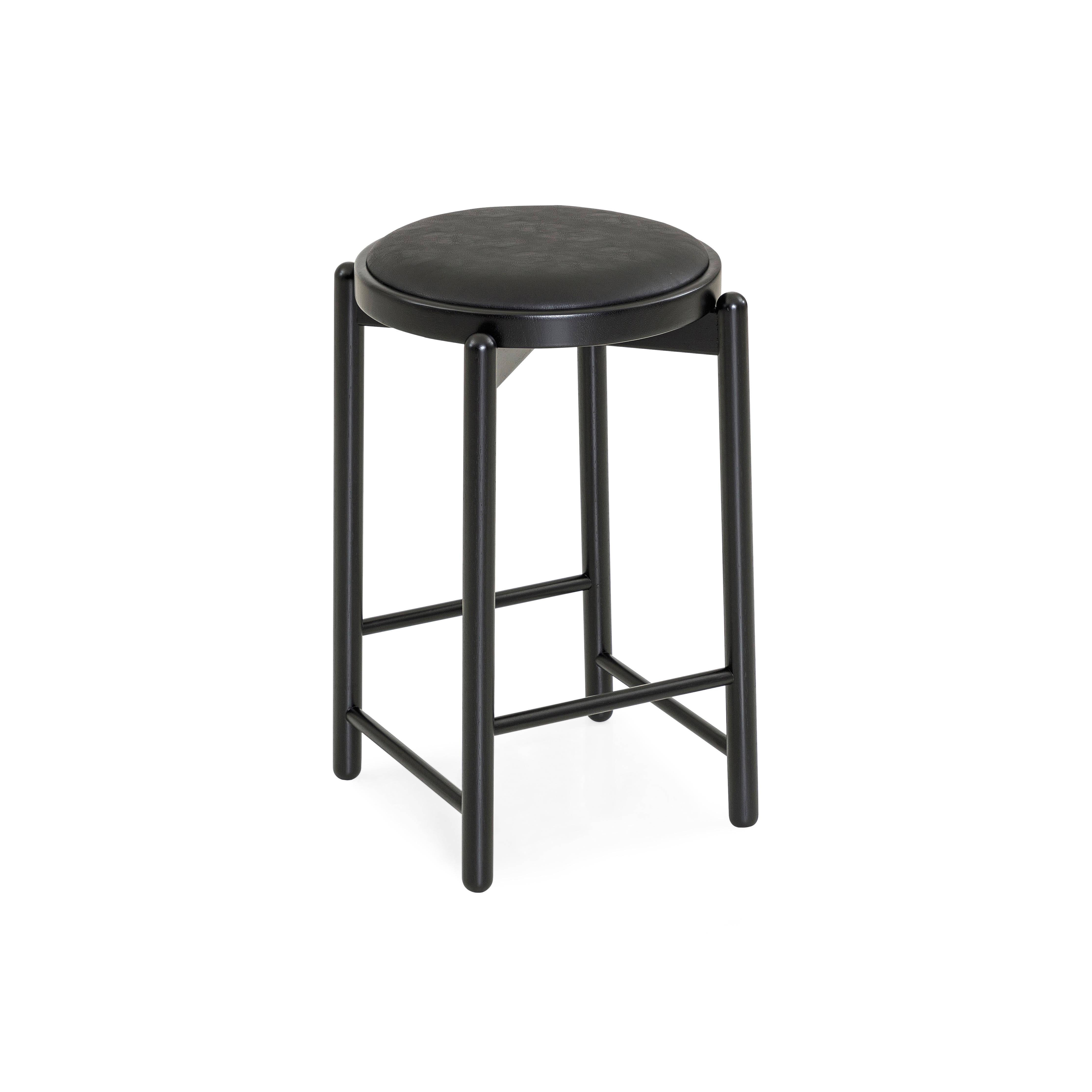 Contemporary Maru Counter Stool in Black Wood Base and Upholstered Black Seat For Sale