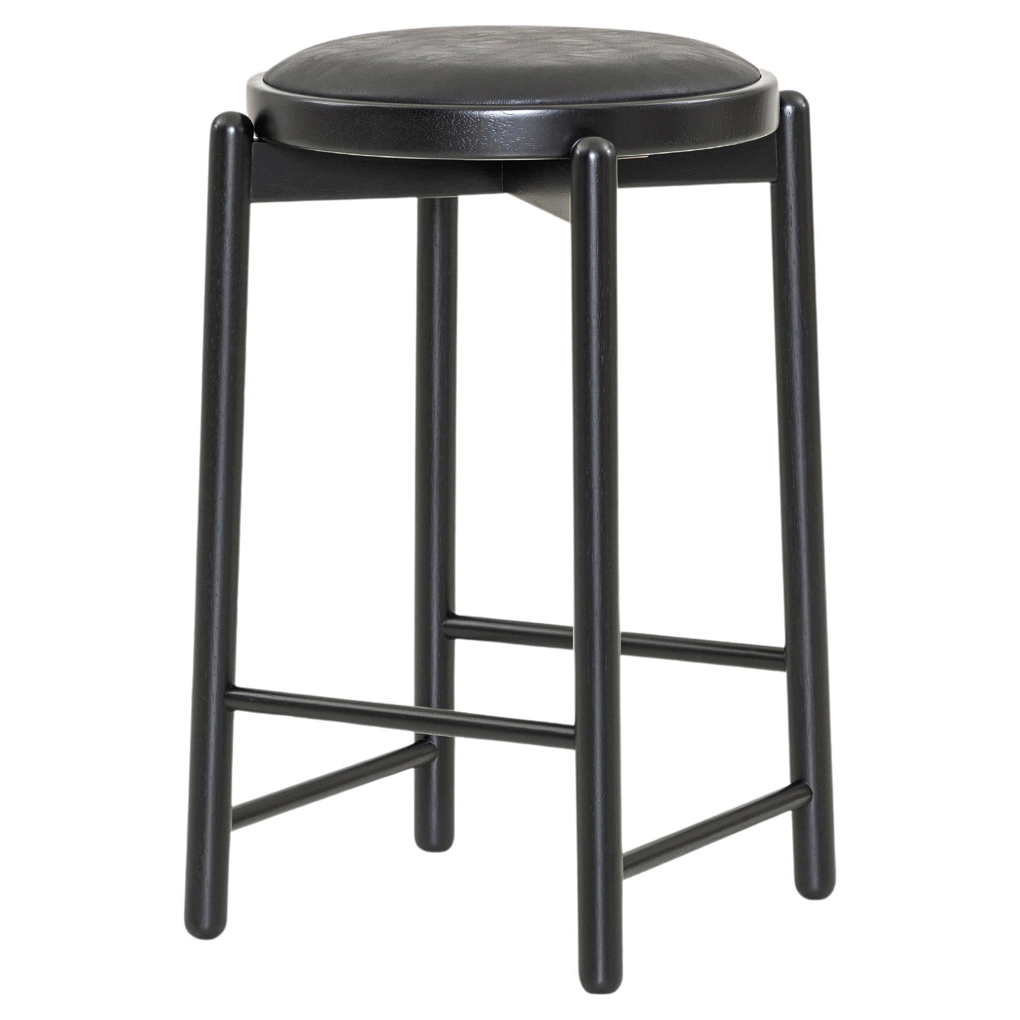 Maru Counter Stool in Black Wood Base and Upholstered Black Seat For Sale