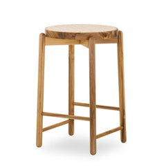 Customizable Teak Counter Stool with Natural Cane Seat, Maru Collection