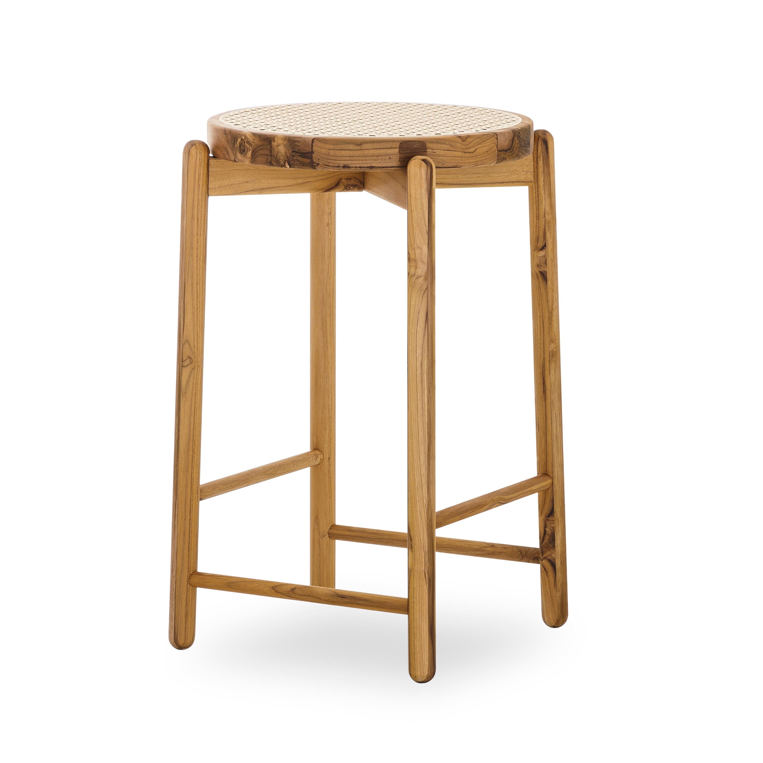 Brazilian Maru Counter Stool in Teak Wood Finish Base and Cane Seat For Sale