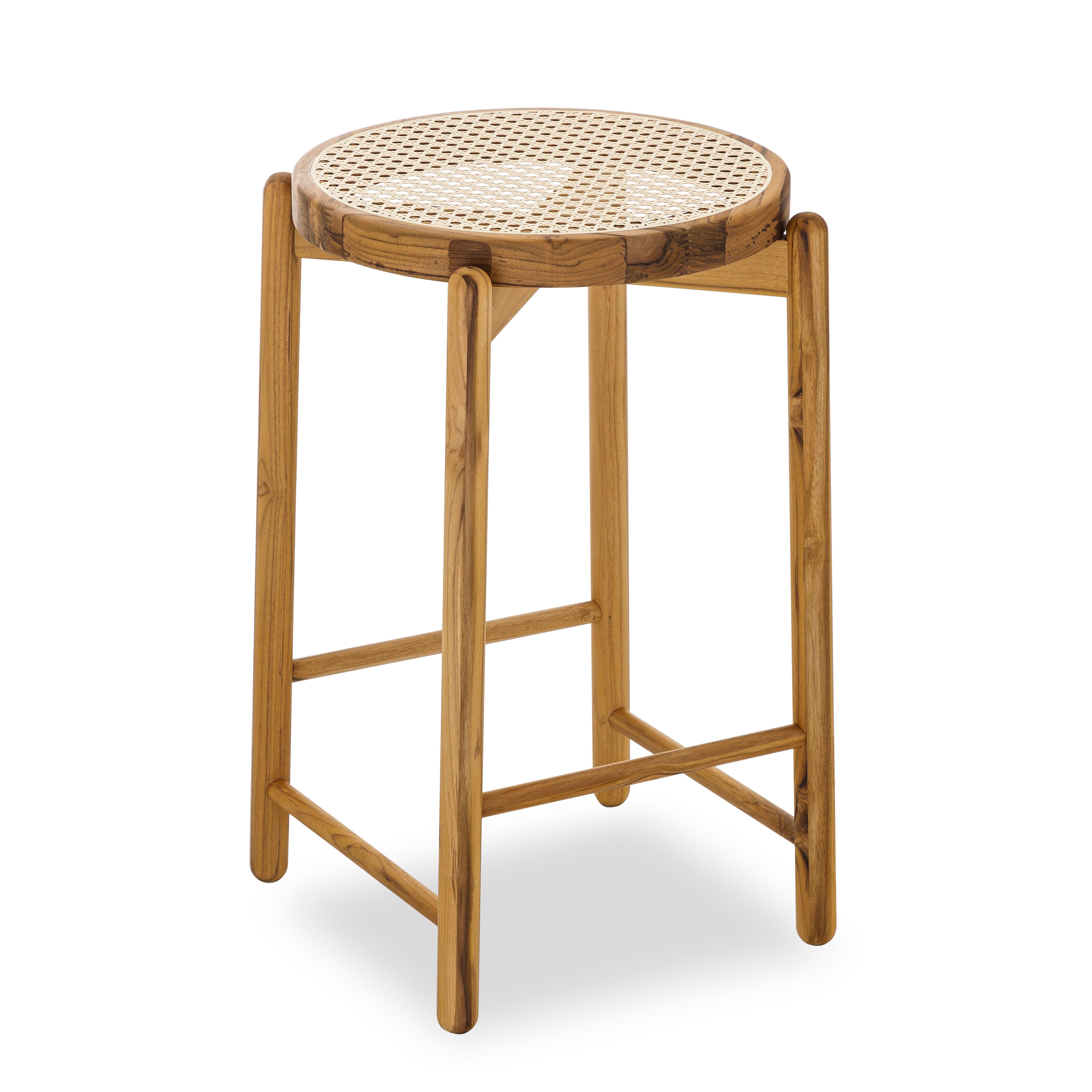 Contemporary Maru Counter Stool in Teak Wood Finish Base and Cane Seat For Sale