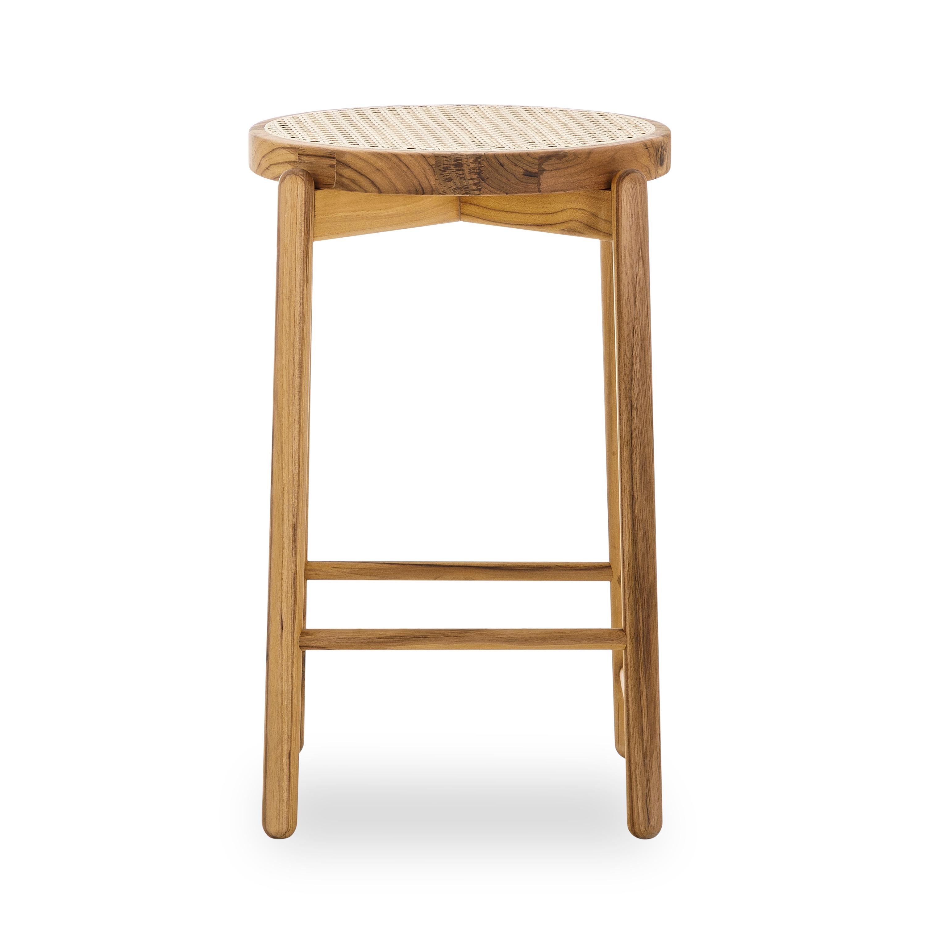 Maru Counter Stool in Teak Wood Finish Base and Cane Seat For Sale 1