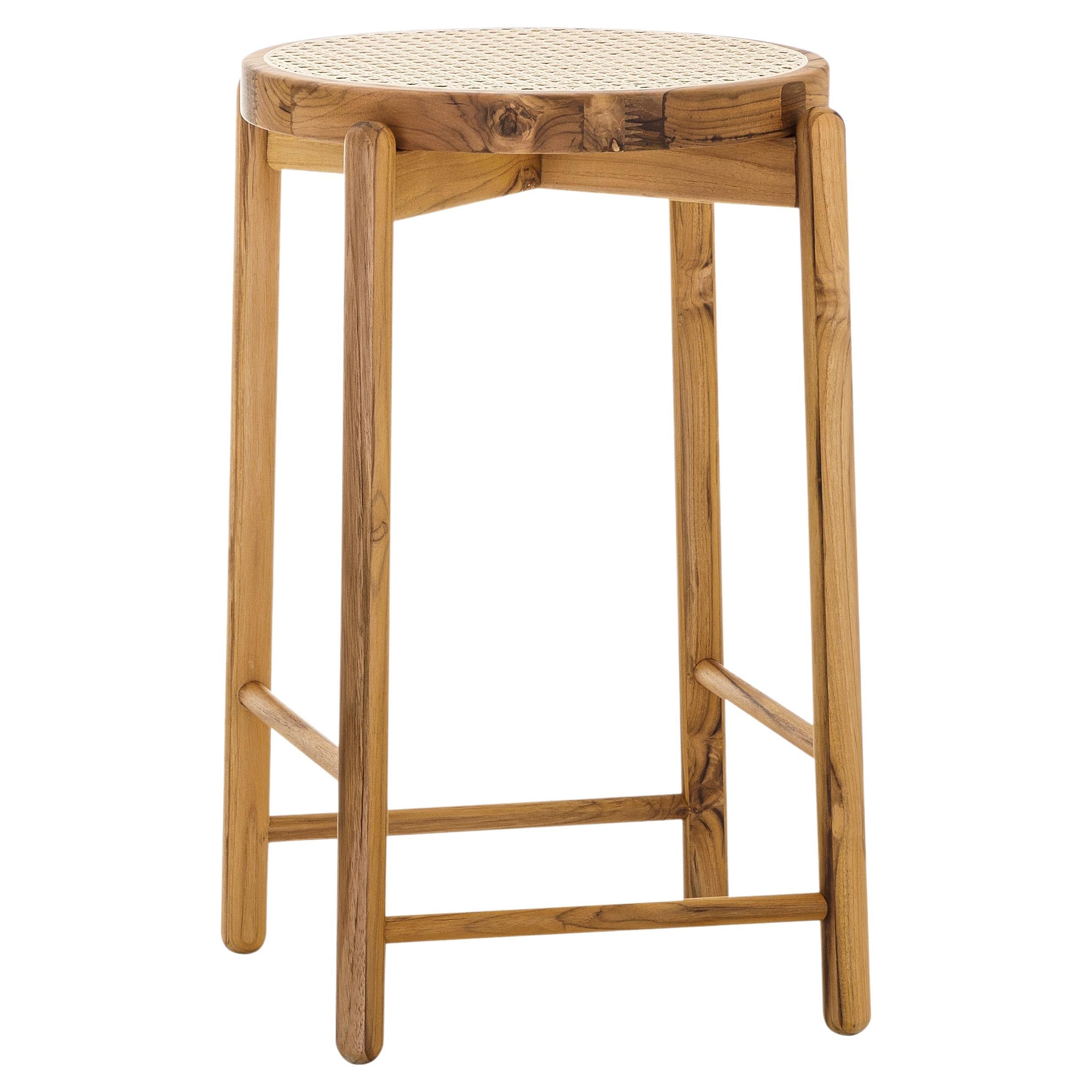 Maru Counter Stool in Teak Wood Finish Base and Cane Seat For Sale