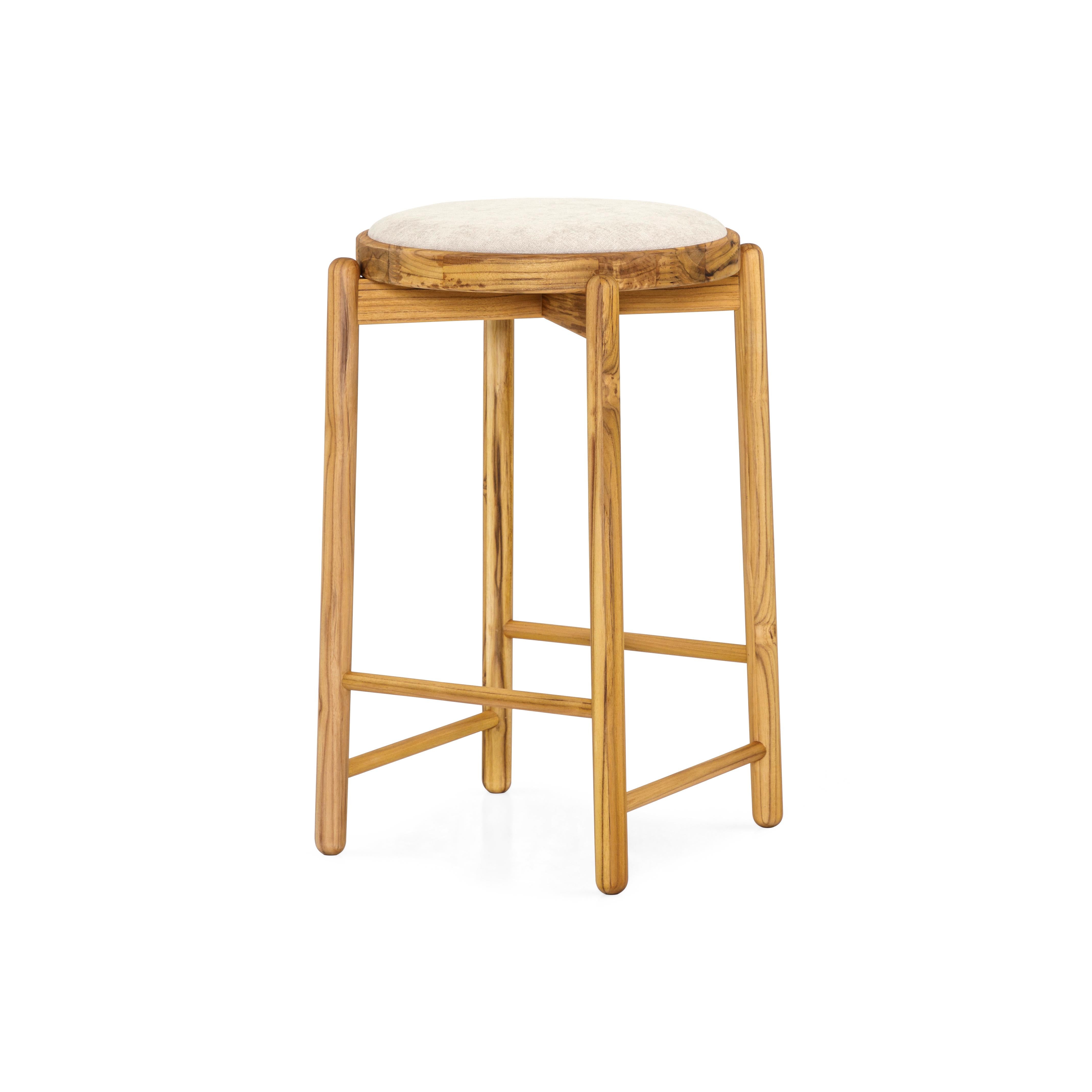 Brazilian Maru Counter Stool in Teak Wood Base and Upholstered Light Beige Seat For Sale