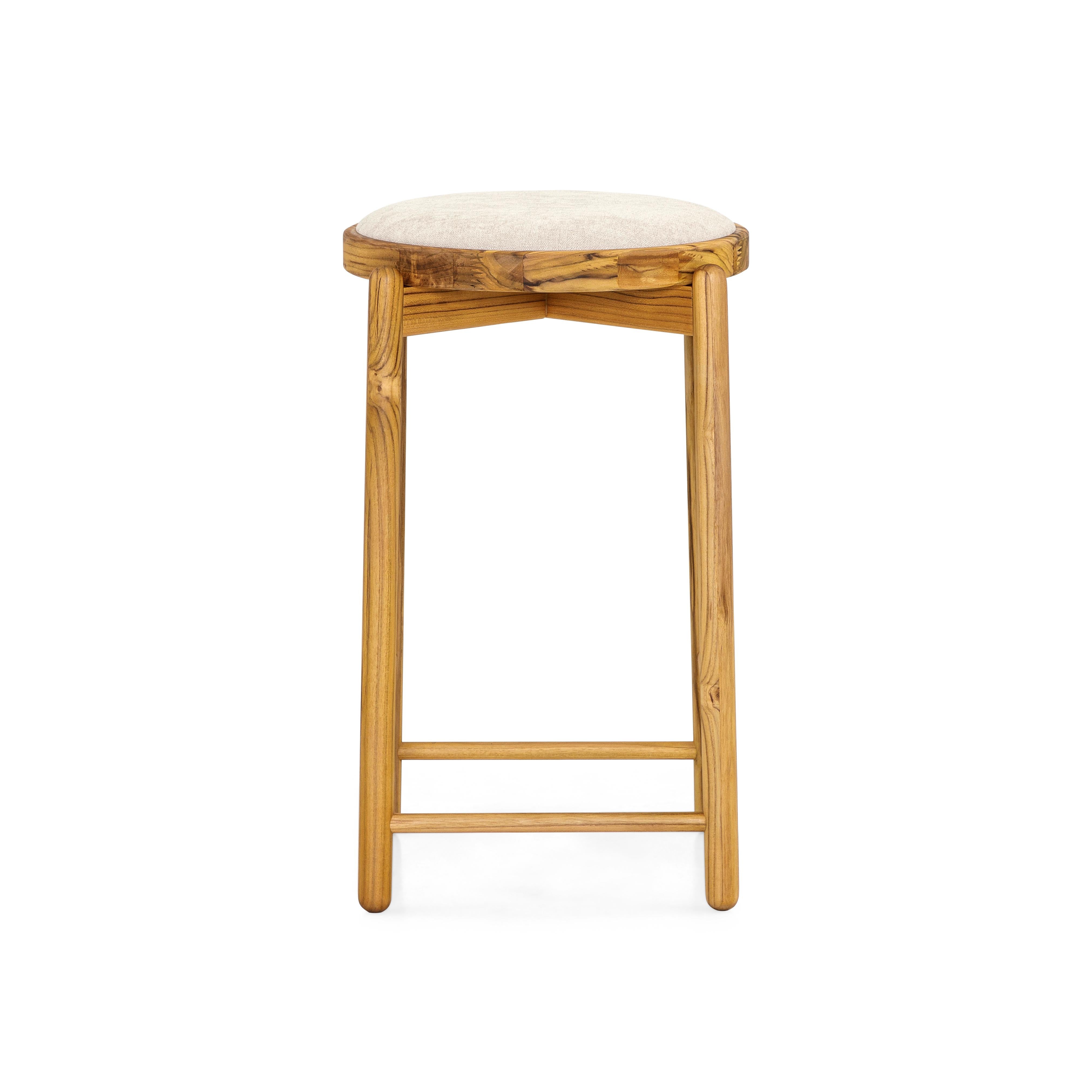 Maru Counter Stool in Teak Wood Base and Upholstered Light Beige Seat In New Condition For Sale In Miami, FL