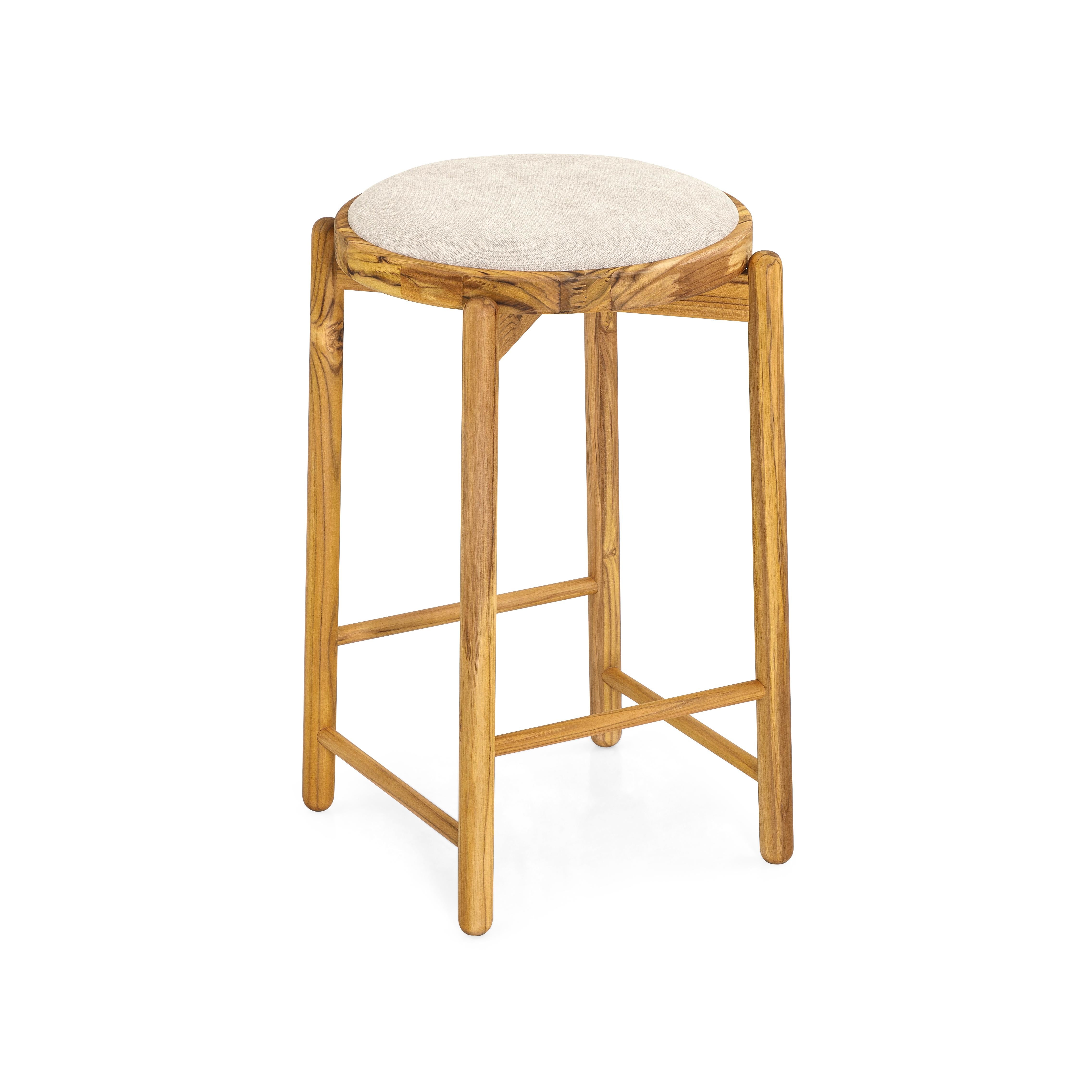Contemporary Maru Counter Stool in Teak Wood Base and Upholstered Light Beige Seat For Sale