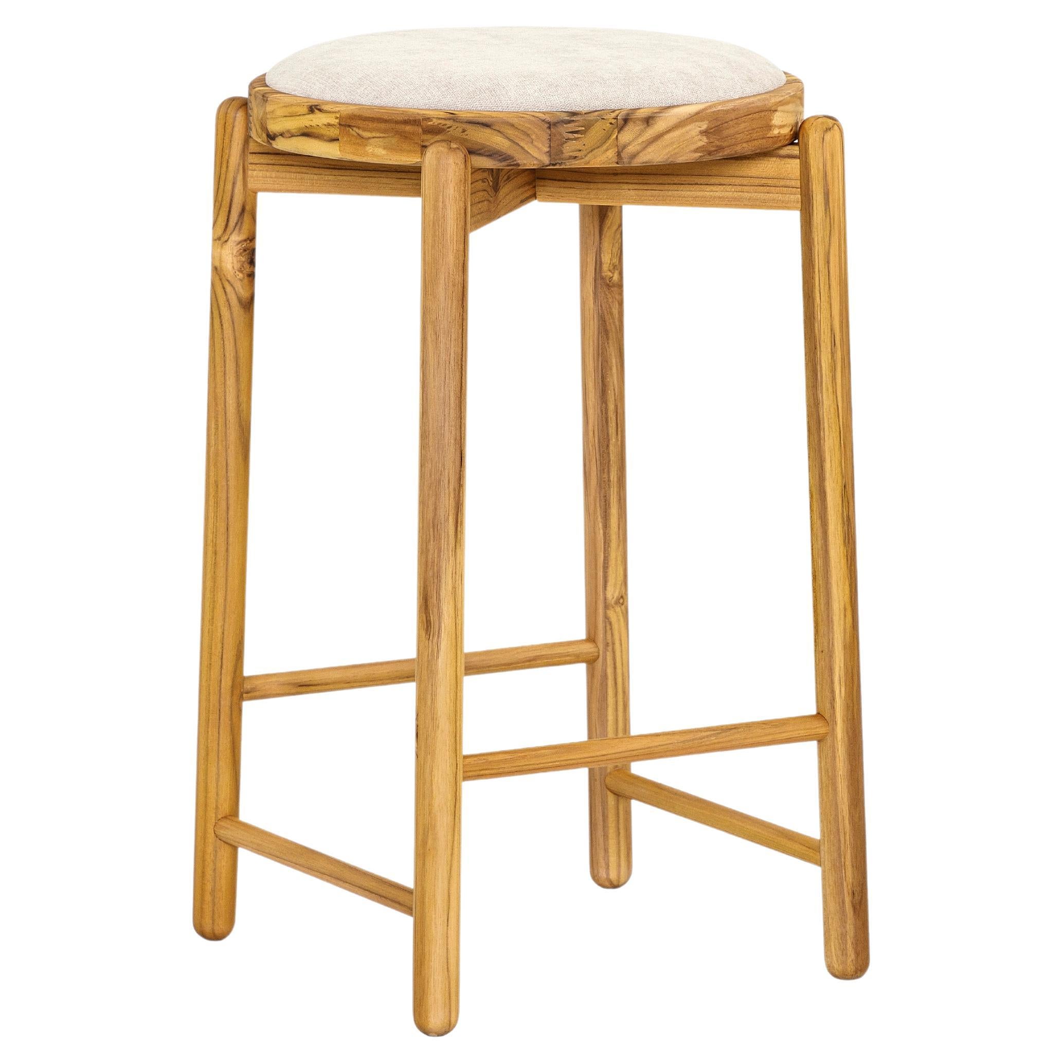 Maru Counter Stool in Teak Wood Base and Upholstered Light Beige Seat For Sale