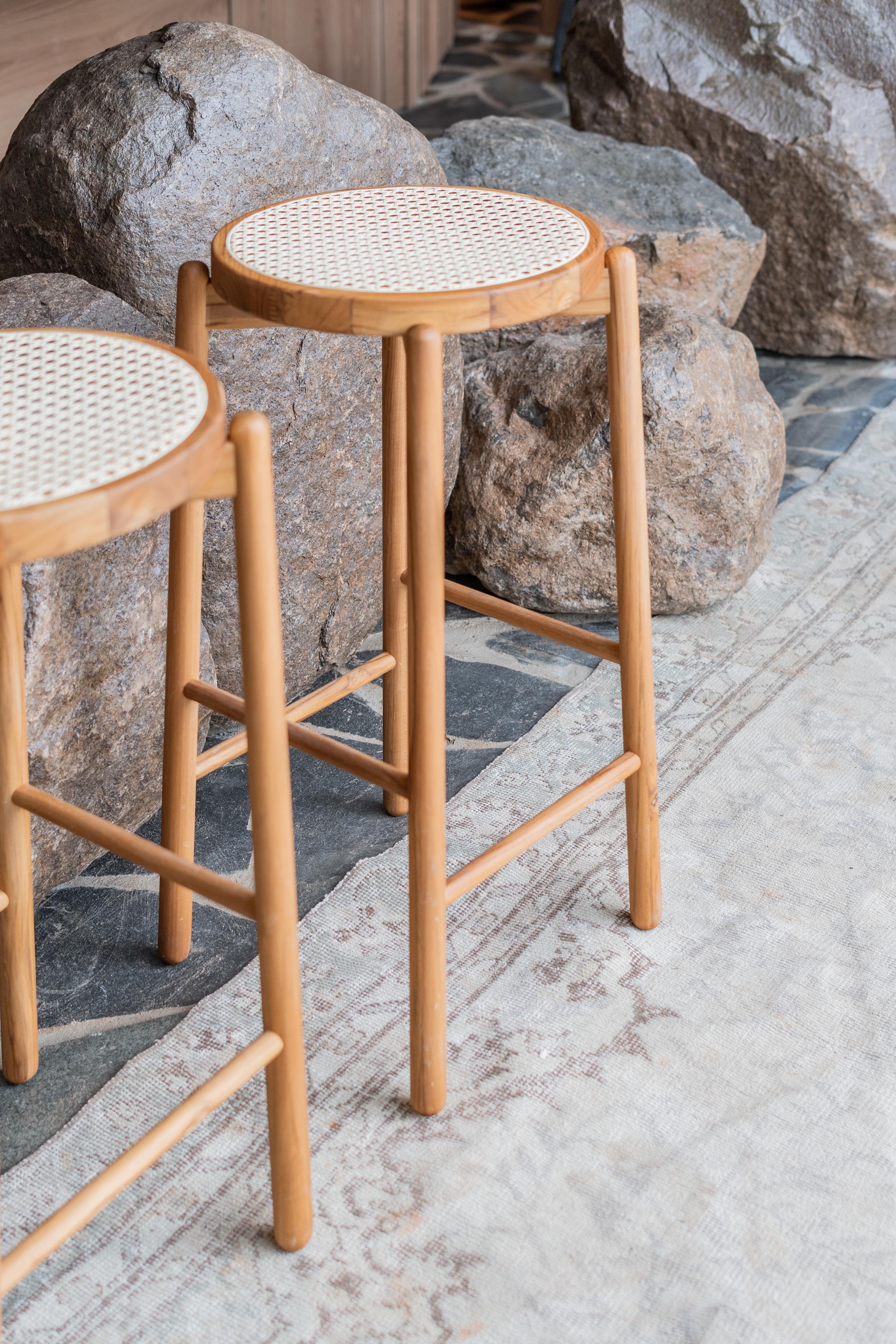 Customizable Teak Counter Stool with Natural Cane Seat, Maru Collection For Sale 2
