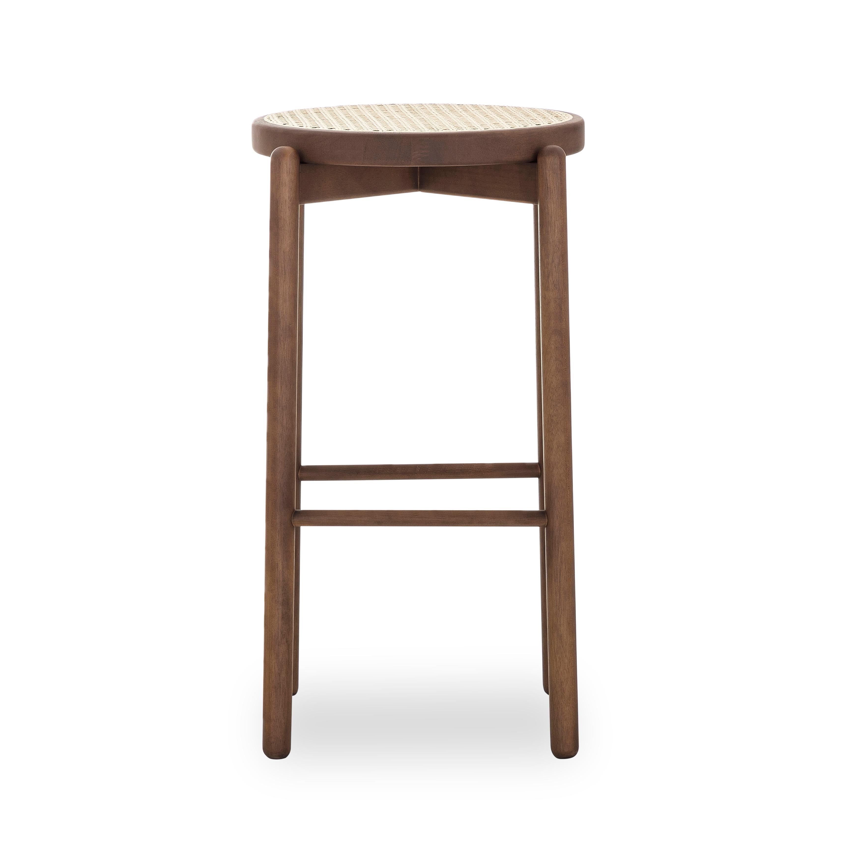 Brazilian Maru Counter Stool in Walnut Wood Finish Base and Cane Seat For Sale