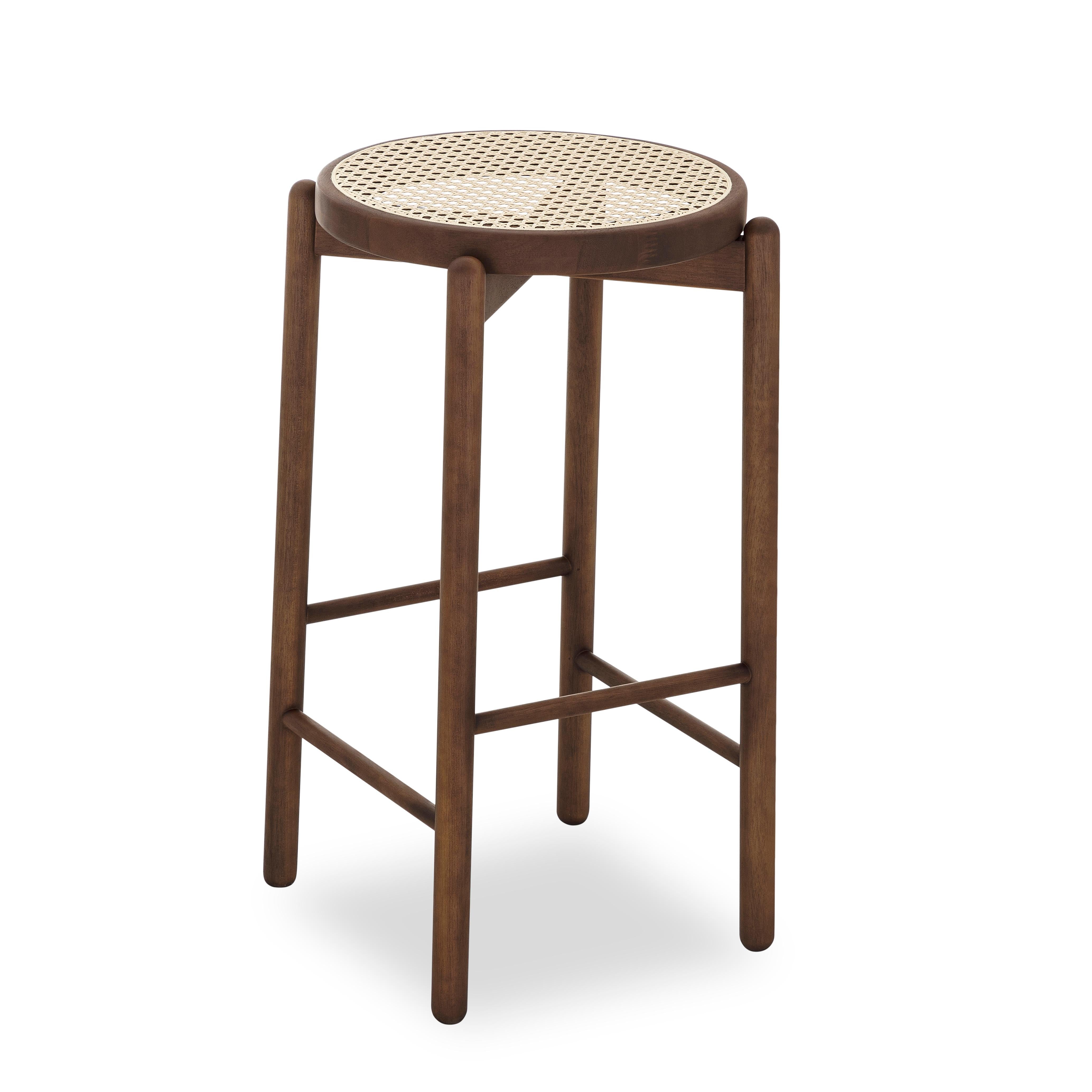 Maru Counter Stool in Walnut Wood Finish Base and Cane Seat In New Condition For Sale In Miami, FL
