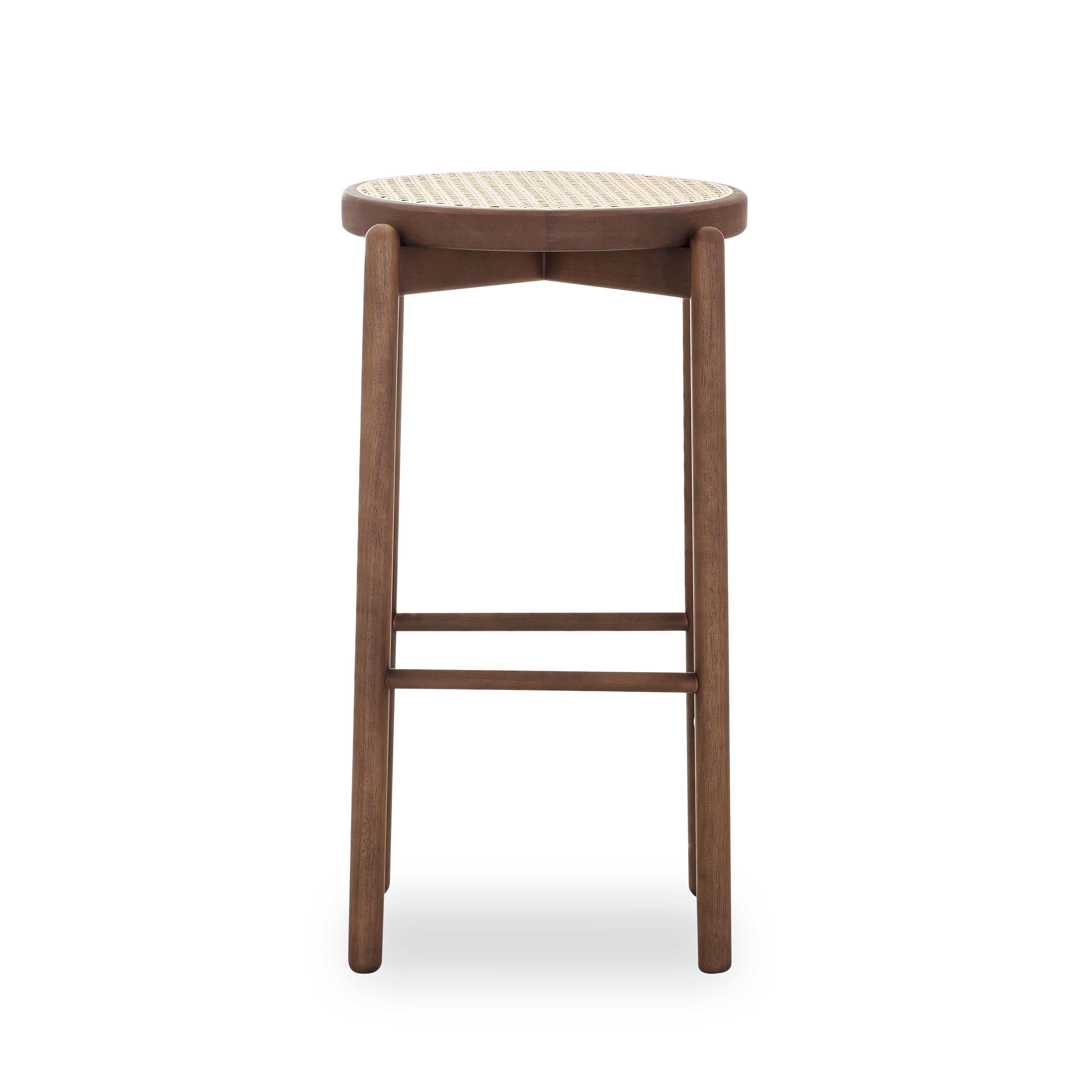 Contemporary Maru Counter Stool in Walnut Wood Finish Base and Cane Seat For Sale