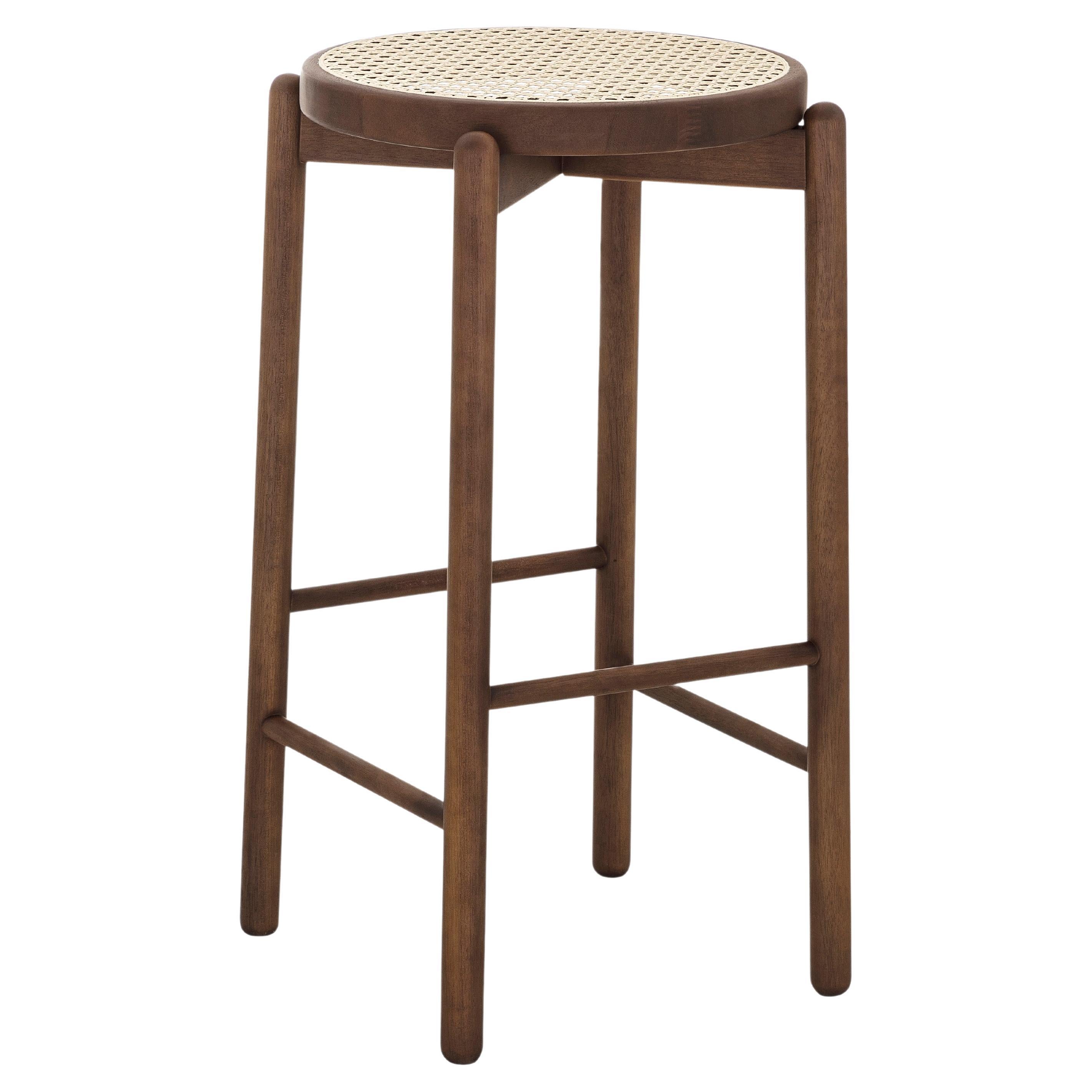 Maru Counter Stool in Walnut Wood Finish Base and Cane Seat For Sale