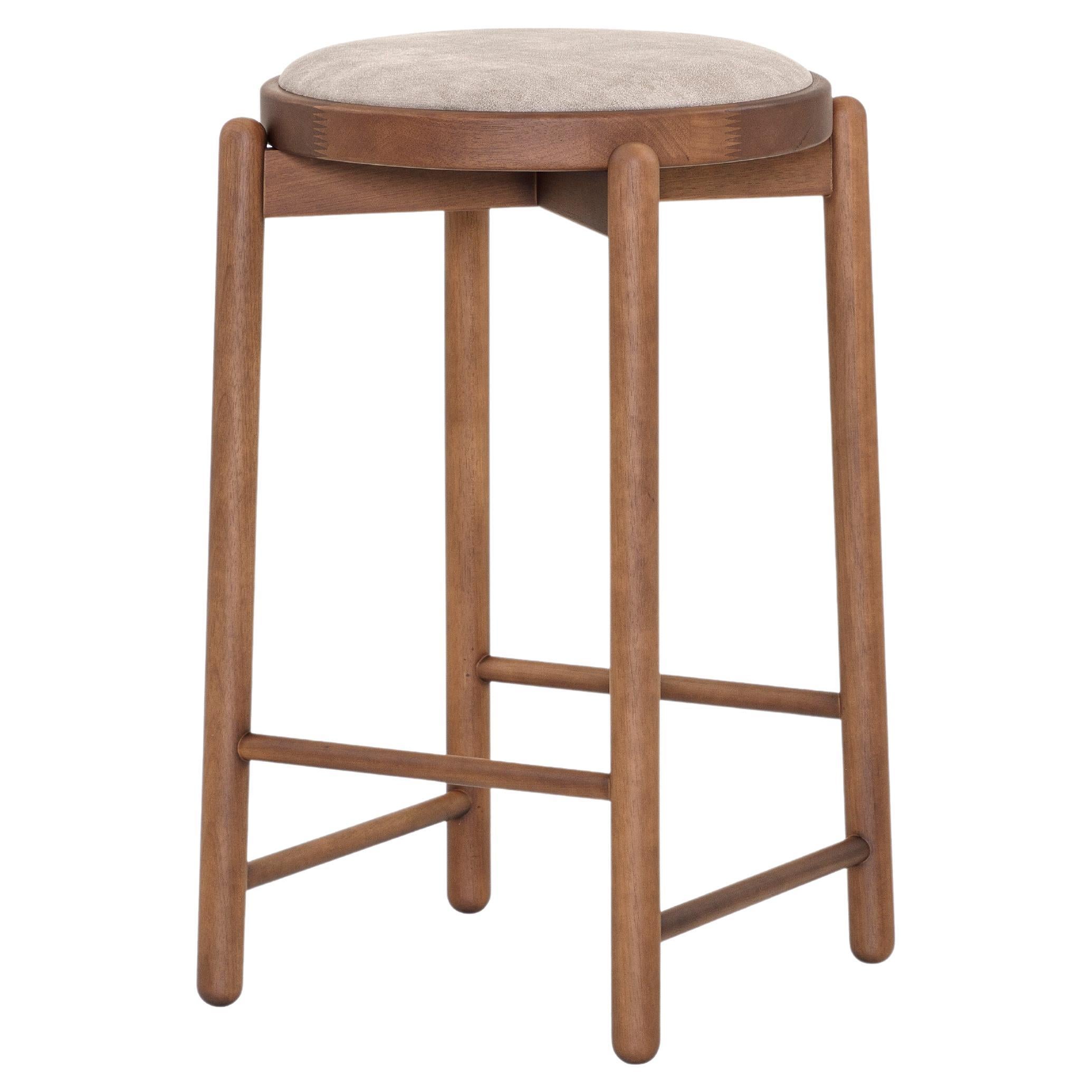 Maru Counter Stool in Walnut Wood Base and Upholstered Beige Seat For Sale
