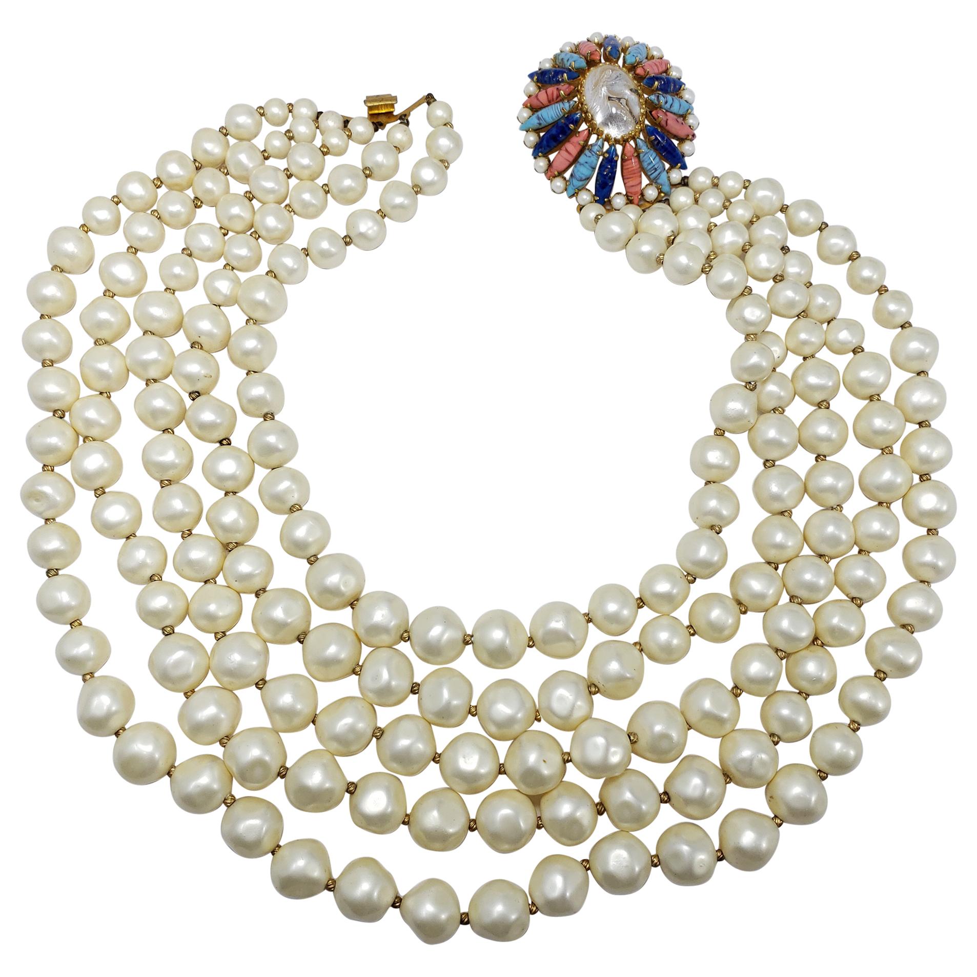 Marvella Five Strand Faux Pearl Necklace w Faux Mother of Pearl & Crystal Clasp
