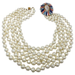 Marvella Five Strand Faux Pearl Necklace w Faux Mother of Pearl & Crystal Clasp