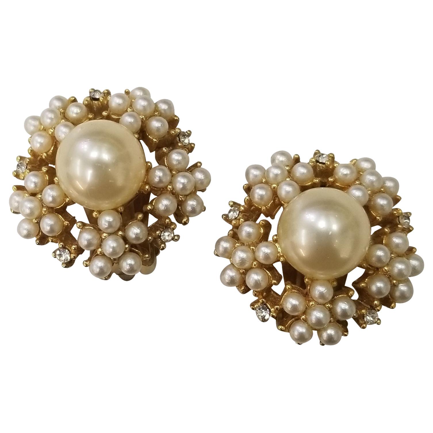 Marvella Mid-20th Century Gold Plate Faux Pearl & Austrian Crystal Earrings