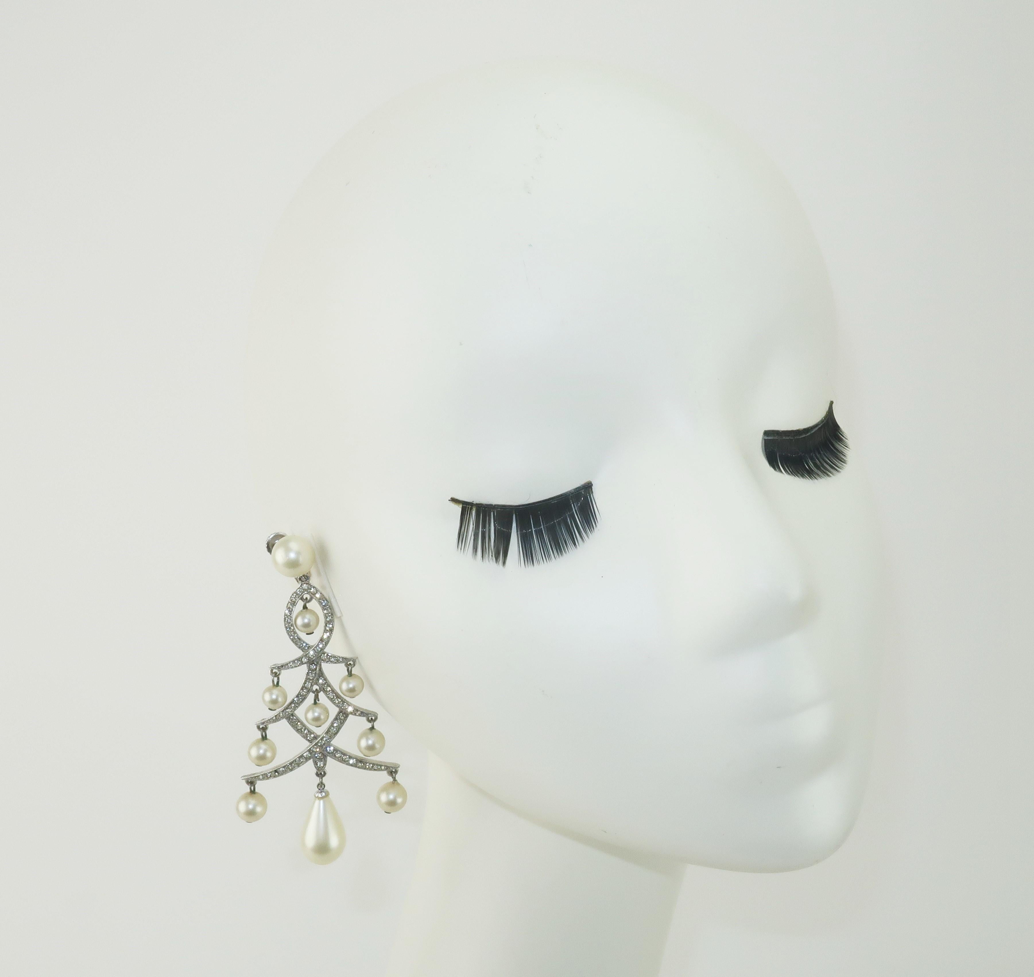 Bead Marvella Pearl & Rhinestone Chandelier Earrings, 1950’s For Sale