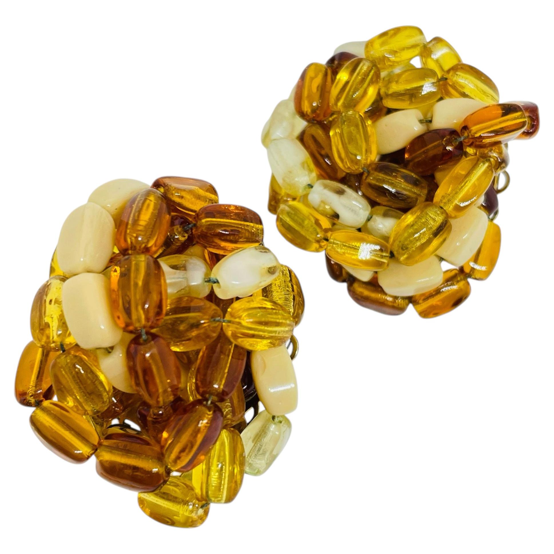 MARVELLA signed vintage gold tone amber glass beads designer clip on earrings For Sale