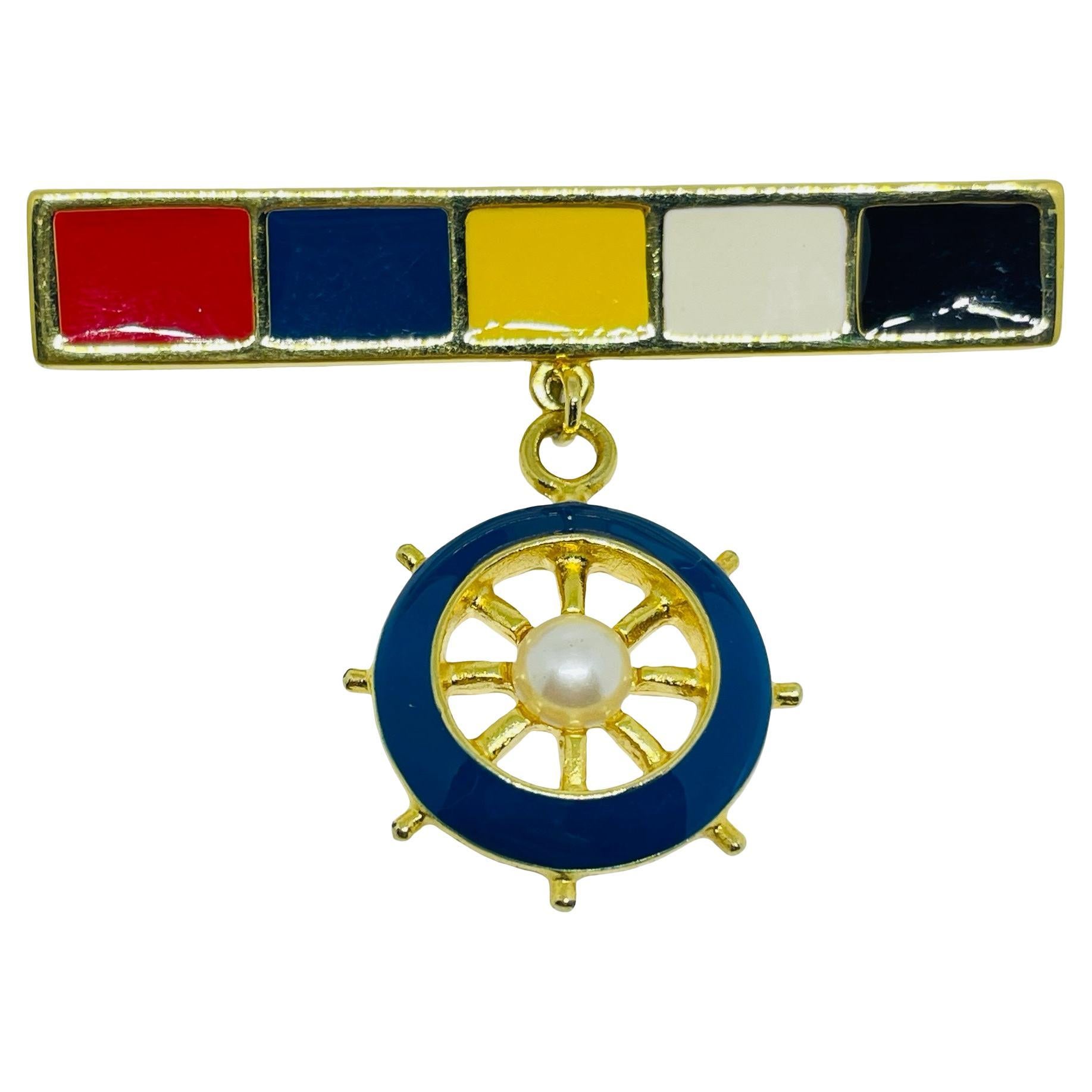 MARVELLA signed vintage gold tone enamel nautical dangle designer brooch