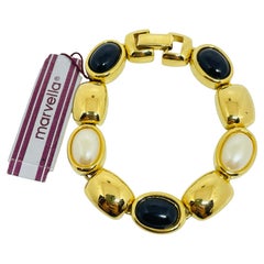 Marvella, braccialetto firmato vintage con perle finte e onice, in tonalità oro, con maglie di design