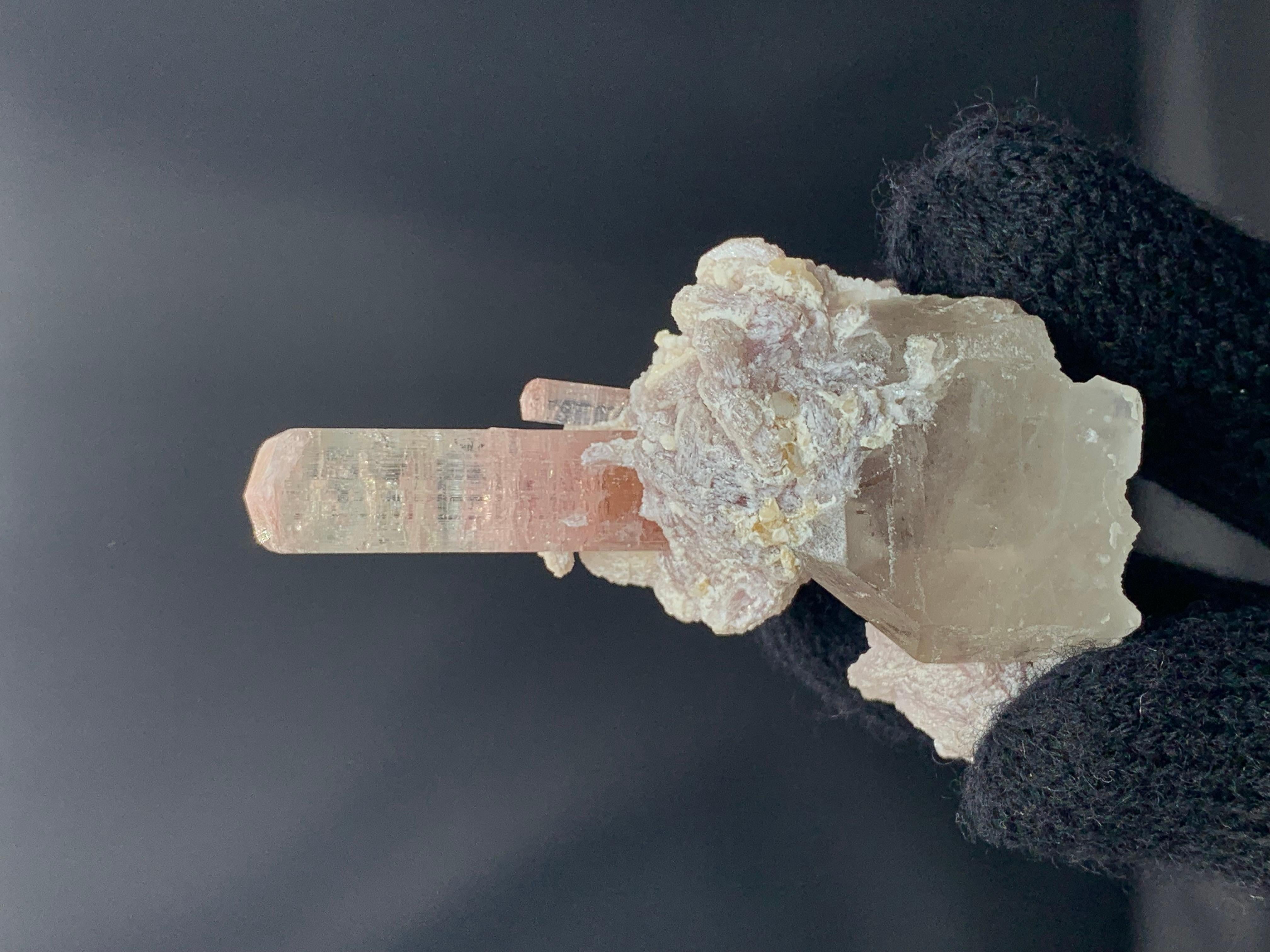 Stile Adam Pink Tourmaline Crystals On Smoky Quartz With Lepidolite From Afghanistan in vendita